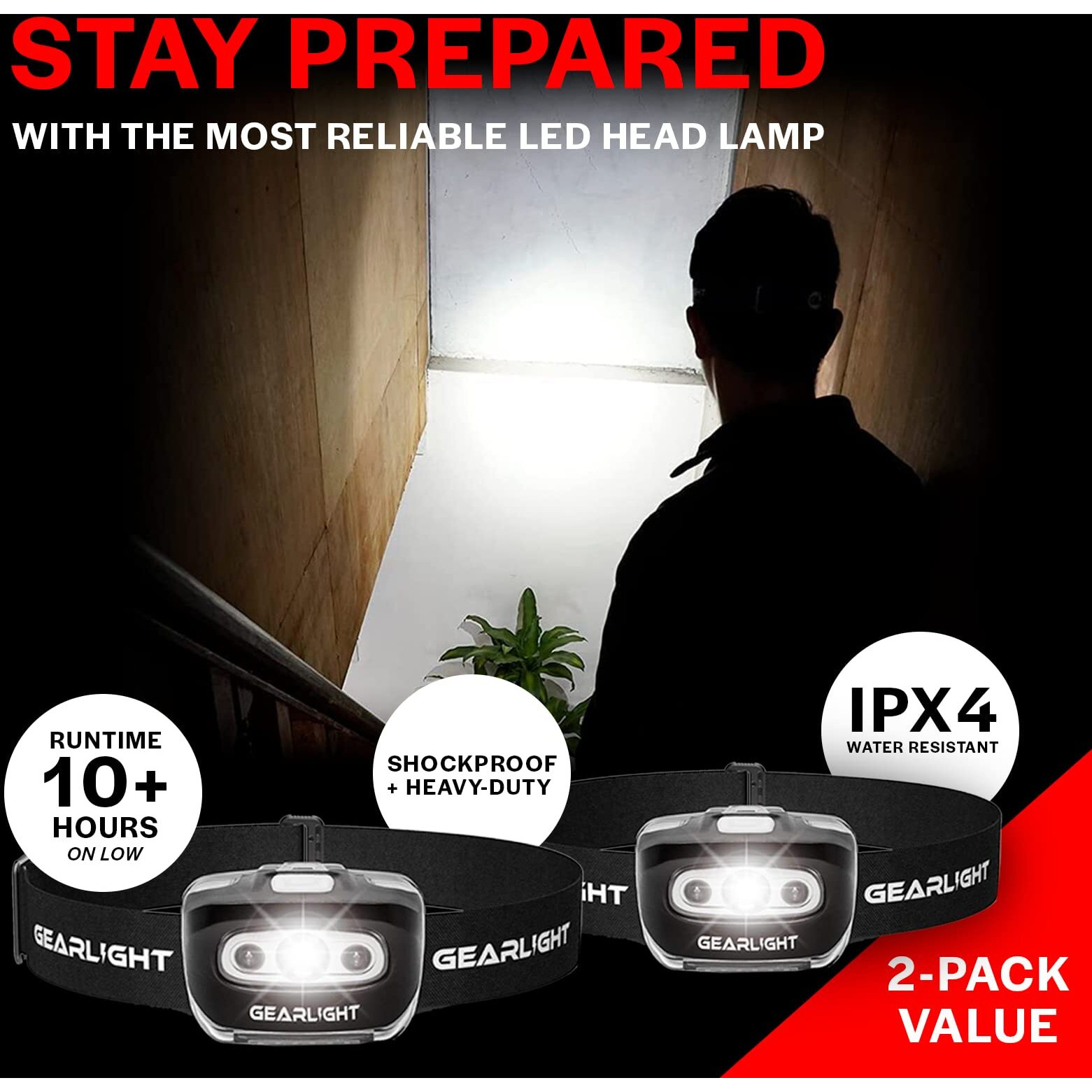 Gearlight 2Pack Led Headlamp - Outdoor Camping Head Lamps With Adjustable Headband - Lightweight Battery Powered Bright Flashlight Headlight With 7 Modes And Pivotable Head And Red Light