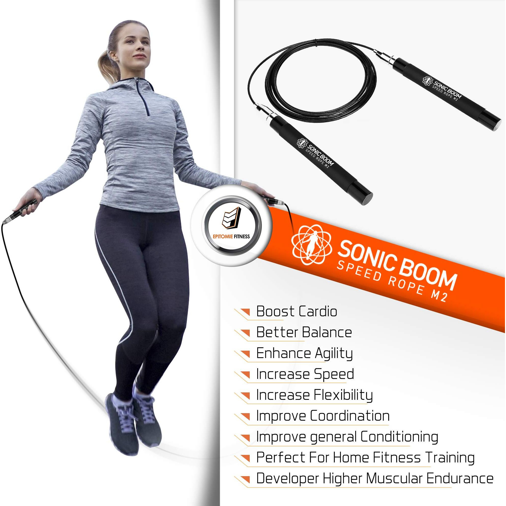 Epitomie Fitness Sonic Boom M2 High Speed Jump Rope - Patent Pending Self-Locking, Screw-Free Design - Weighted, 360 Degree Spin, Silicone Grip With 2 Speed Rope Cables For Home Workout, & More