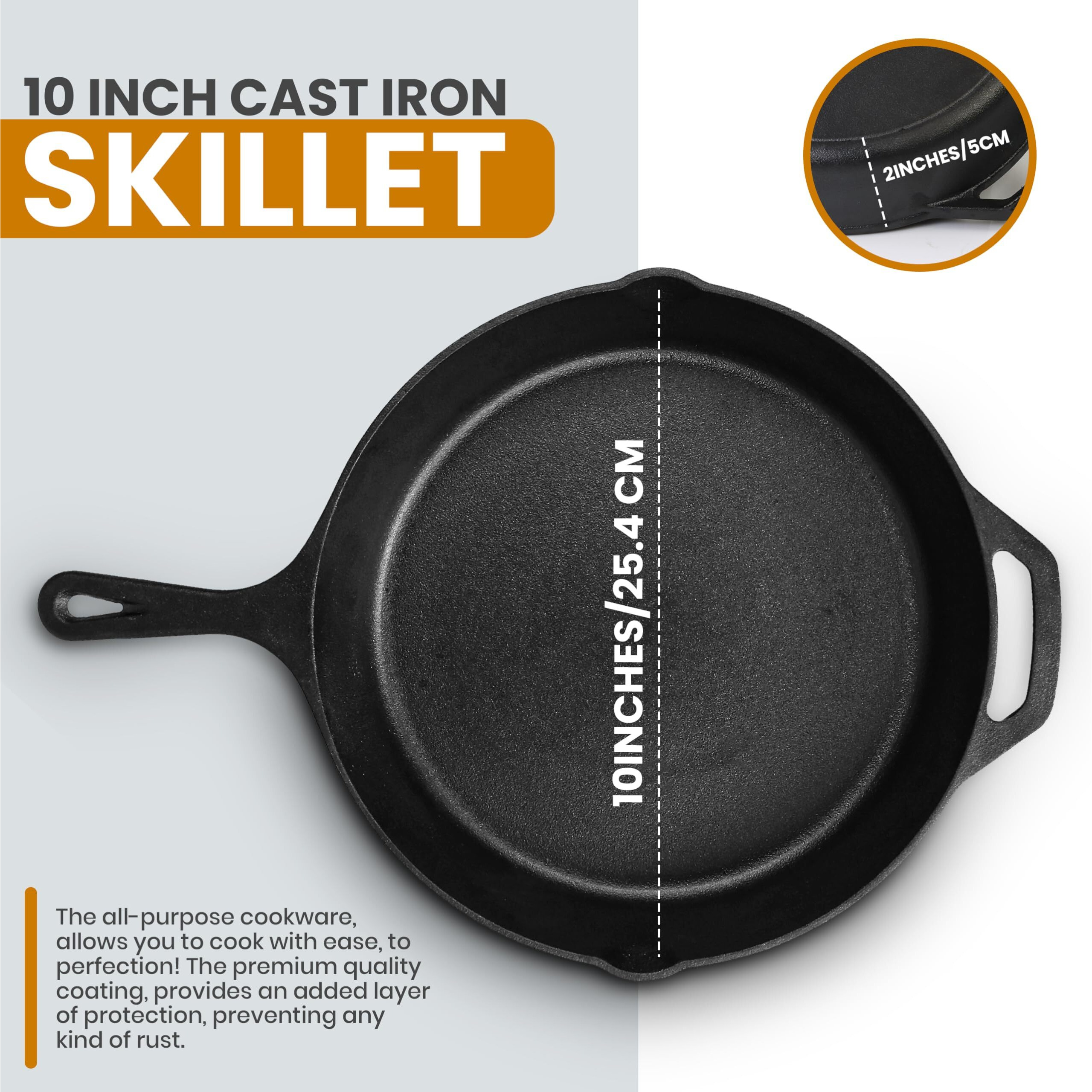 Utopia Kitchen 10 Inch Saute Fry Pan Pre-Seasoned Cast Iron Skillet With Lid, Frying Pan, Cast Iron Pan, Safe Grill Cookware For Indoor & Outdoor Use - Cooking Gift For Men & Women (Black)