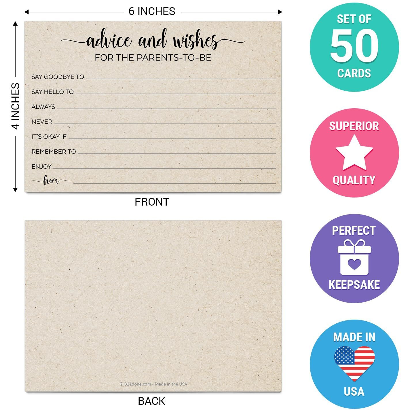 321Done Advice And Wishes For The Parents-To-Be Cards, Made In Usa - 4X6 Tan, Fun Baby Shower Game Ideas, Gender Reveal Party Keepsake - Set Of 50