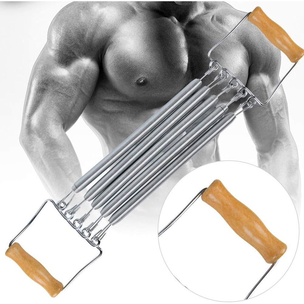 Keenso Chest Expander,Wooden Handle 5 Removable Spring Chest Expander For Men Home Gym Workout