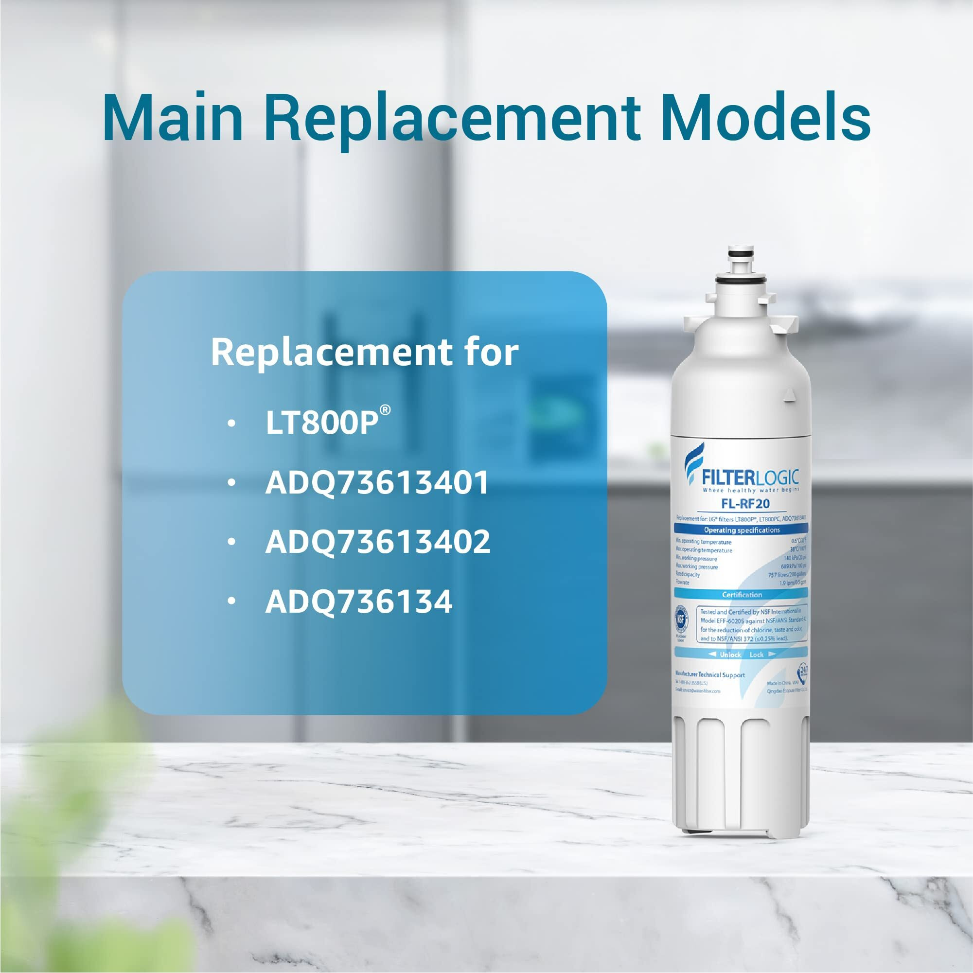 Filterlogic Adq73613401 Refrigerator Water Filter, Replacement For Lg Lt800P, Lt800Pc, Adq736134, Adq73613402, Lsxs26326S, Lsxs26366S, Lmxs30776S, Lsxs26366D, Lmxc23746S, 46-9490, 469490, Pack Of 2