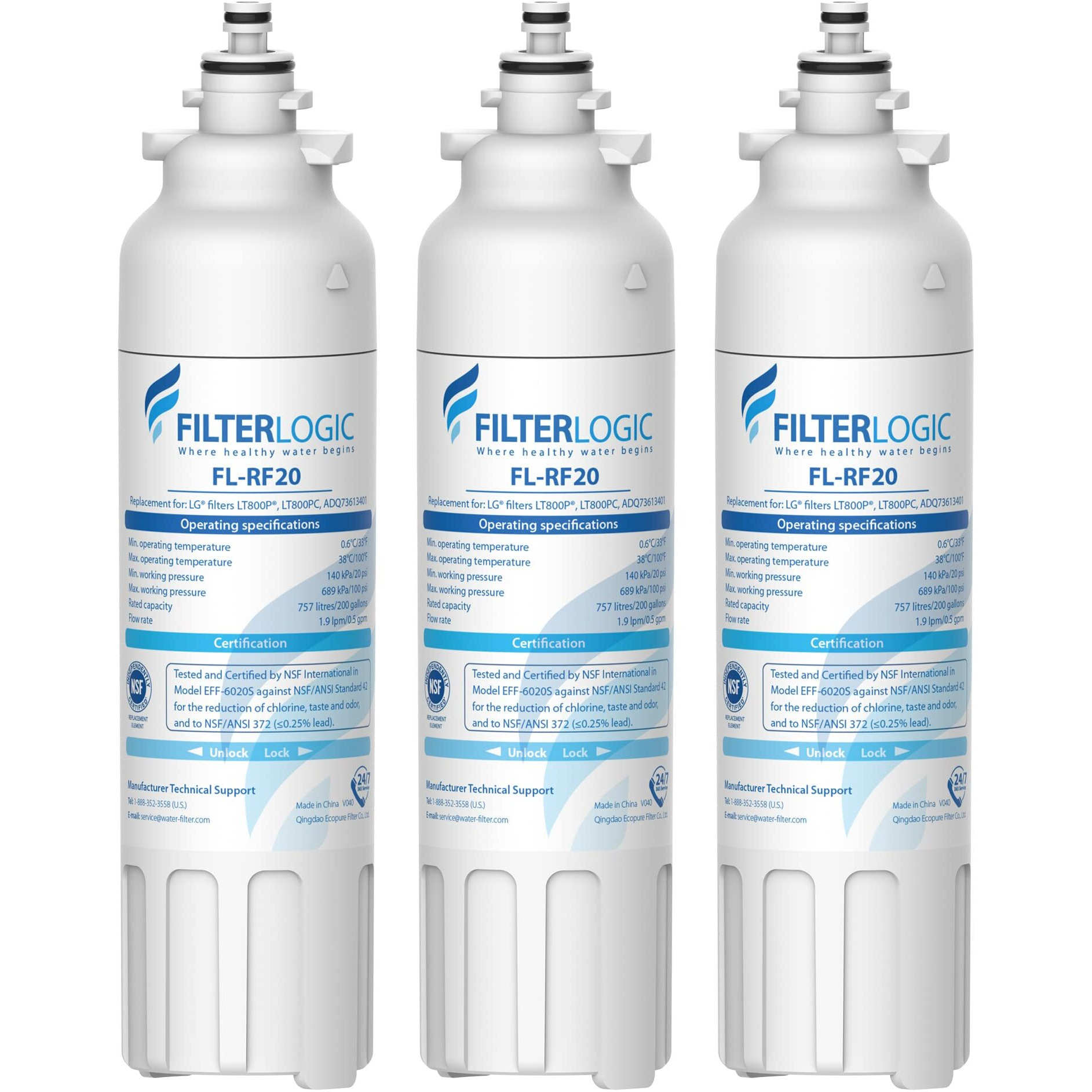 Filterlogic Adq73613401 Refrigerator Water Filter, Replacement For Lg Lt800P, Lt800Pc, Adq736134, Adq73613402, Lsxs26326S, Lsxs26366S, Lmxs30776S, Lsxs26366D, Lmxc23746S, 46-9490, 469490, Pack Of 3