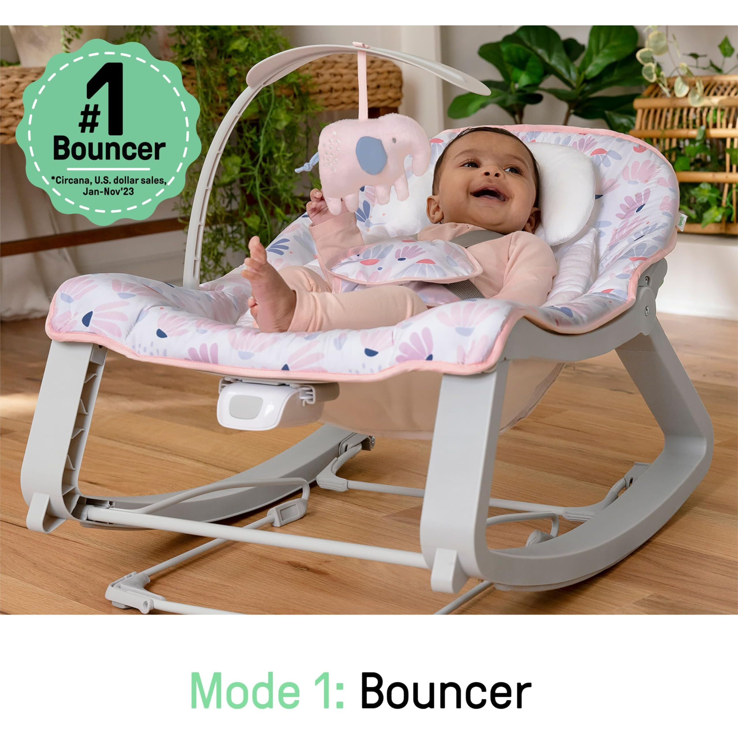 Ingenuity Keep Cozy 3-In-1 Grow With Me Vibrating Baby Bouncer Seat & Infant To Toddler Rocker, Vibrations & -Toy Bar, 0-30 Months Up To 40 Lbs (Pink Burst)