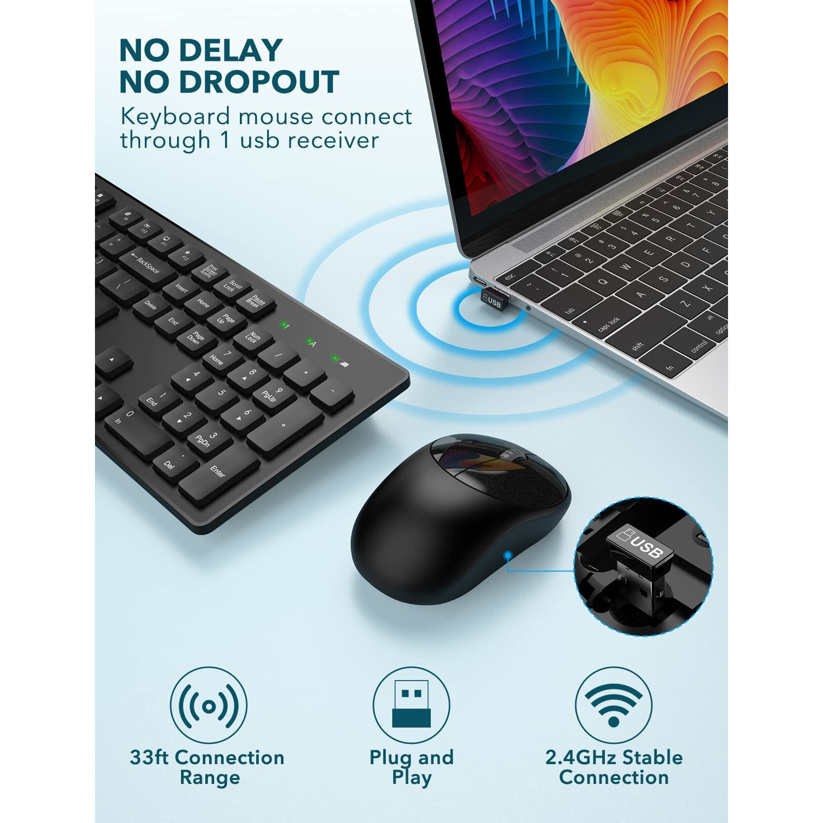 Wireless Keyboard And Mouse, Wisfox Full-Size Wireless Mouse And Keyboard Combo, 2.4Ghz Silent Usb Wireless Keyboard Mouse Combo For Pc Desktops Computer (Black)