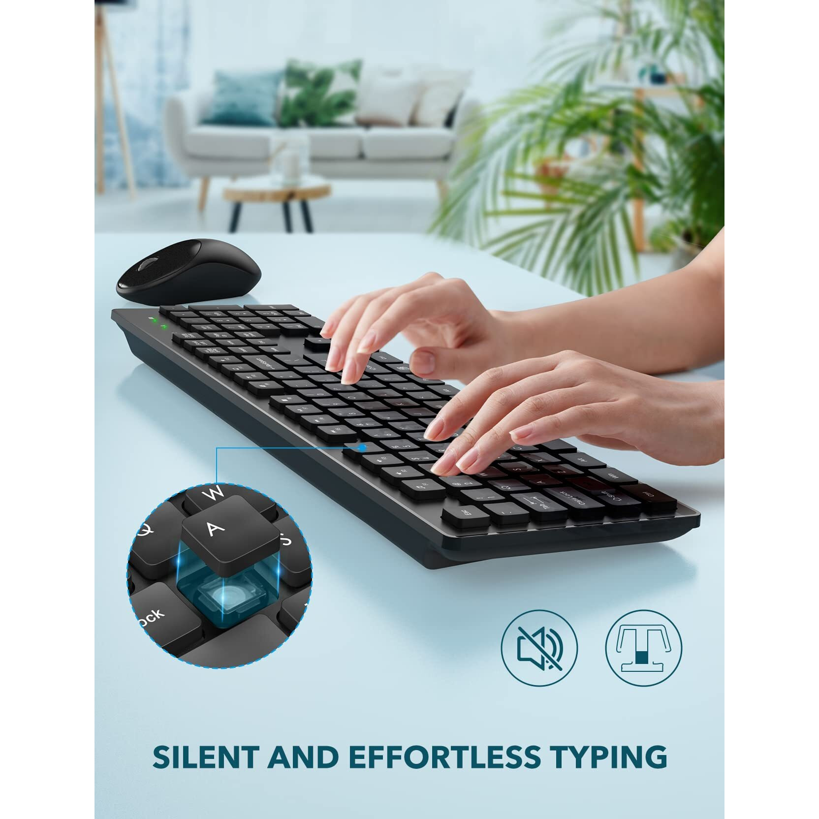Wireless Keyboard And Mouse, Wisfox Full-Size Wireless Mouse And Keyboard Combo, 2.4Ghz Silent Usb Wireless Keyboard Mouse Combo For Pc Desktops Computer (Black)