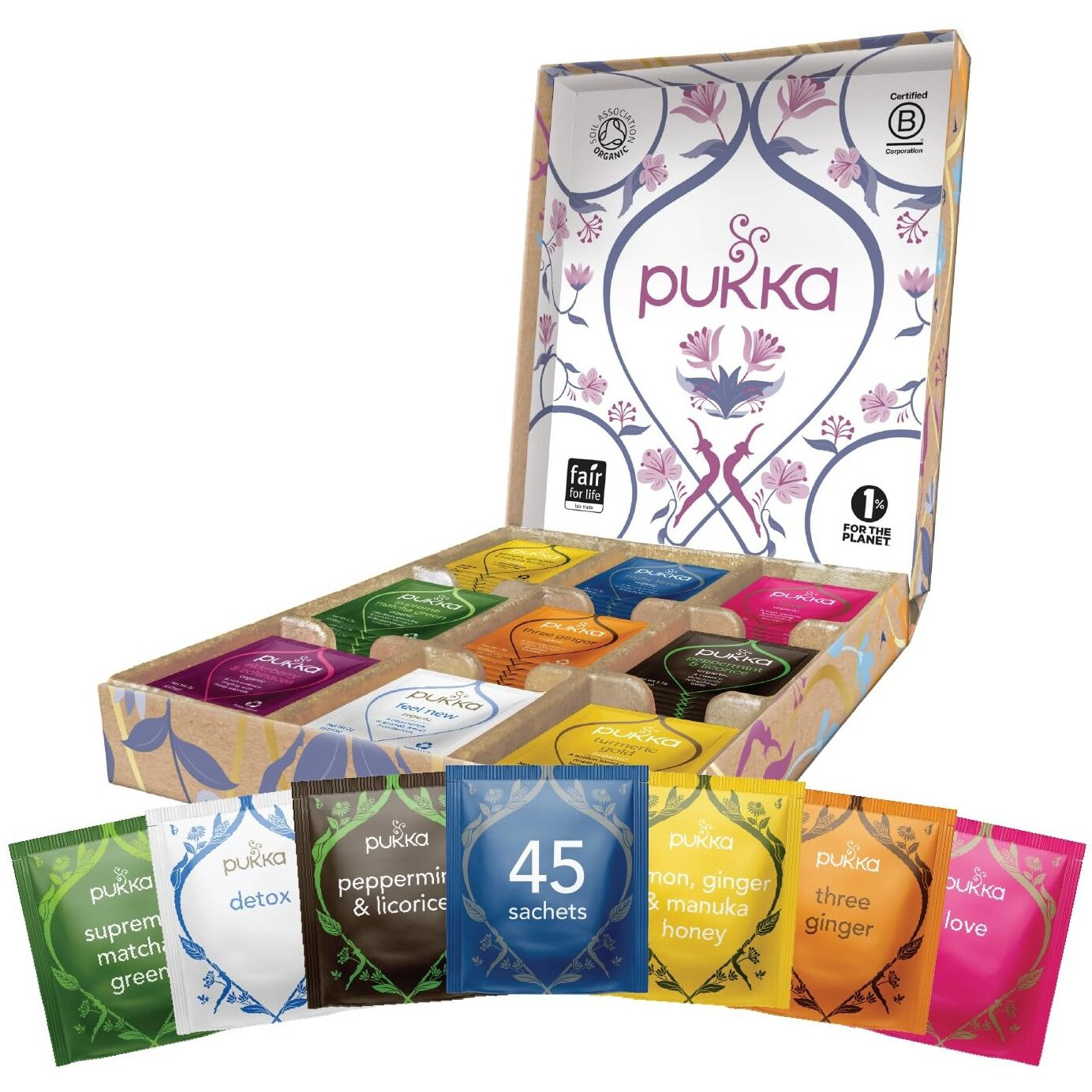 Pukka Herbal Tea Sampler, Organic Tea, Eco-Friendly, Self Care Gift Box, 45 Tea Bags, 9 Flavors
