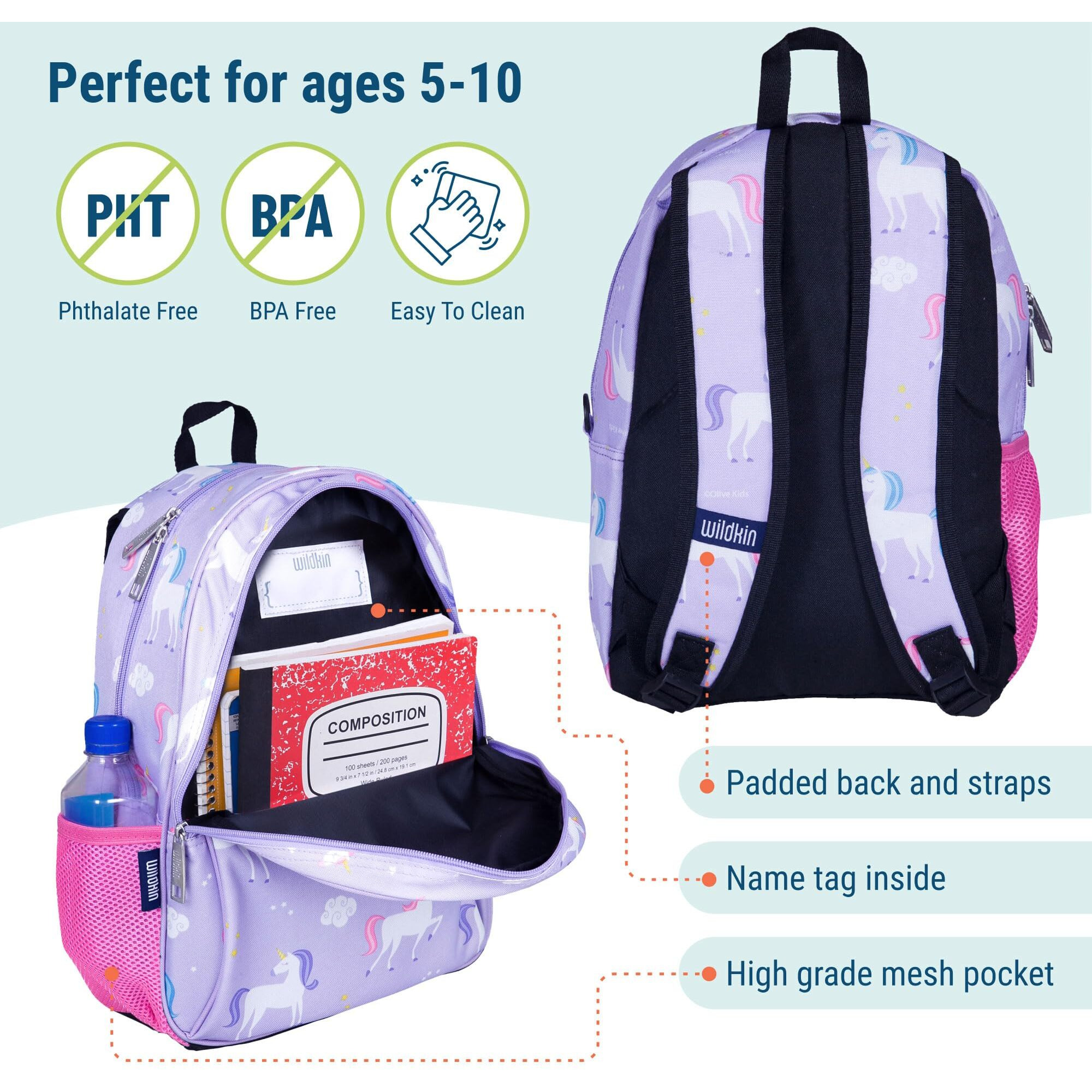 Wildkin 15-Inch Kids Backpack For Boys & Girls, Perfect For Early Elementary Daycare School Travel, Features Padded Back & Adjustable Strap (Unicorn)