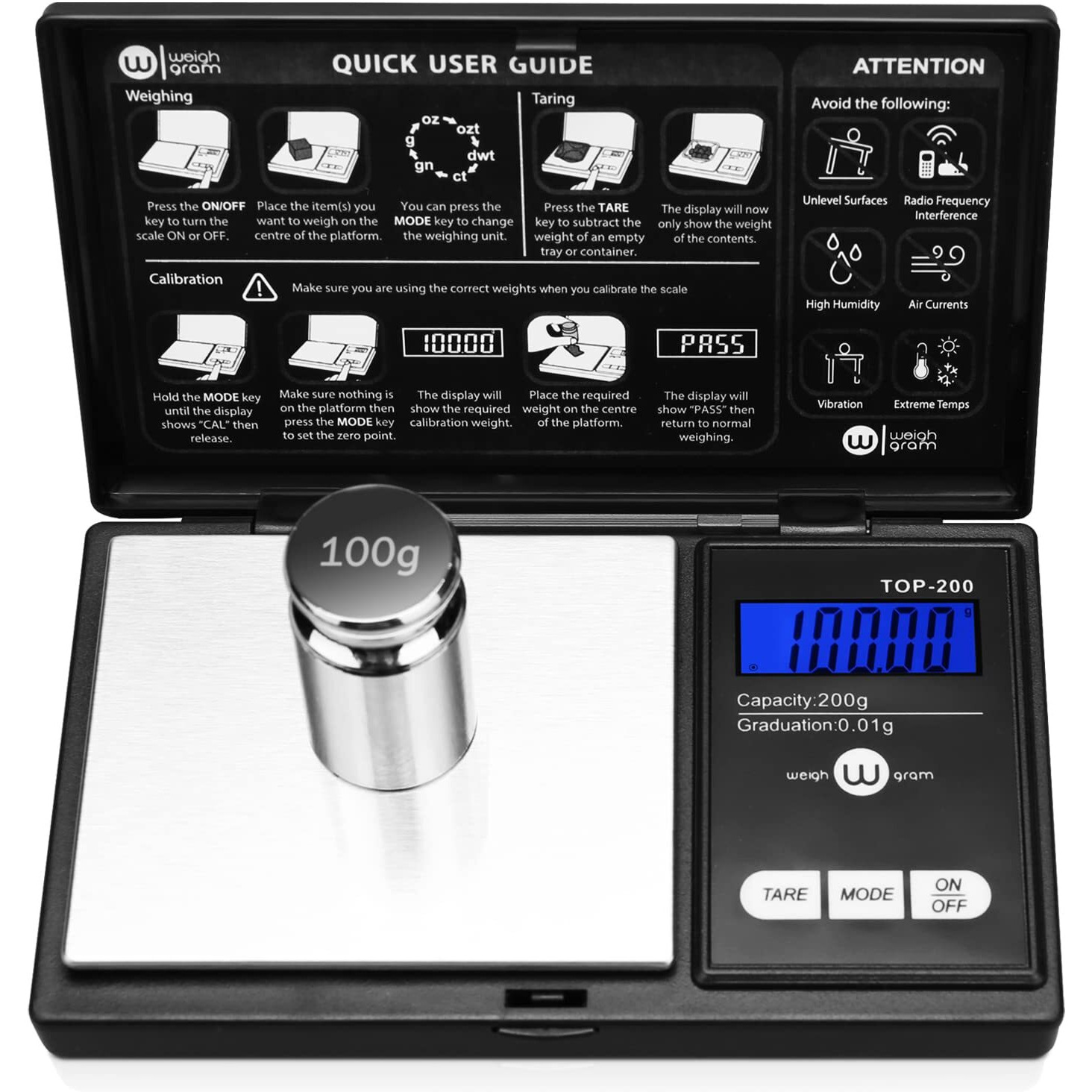 Weigh Gram 200G Digital Pocket Gram Scale 0.01G Accuracy, 200G X 0.01G Mini Digital Grams Scale, Small Food Scale, Jewelry Scale, Ounces Grains Scale With100G Calibration Weight