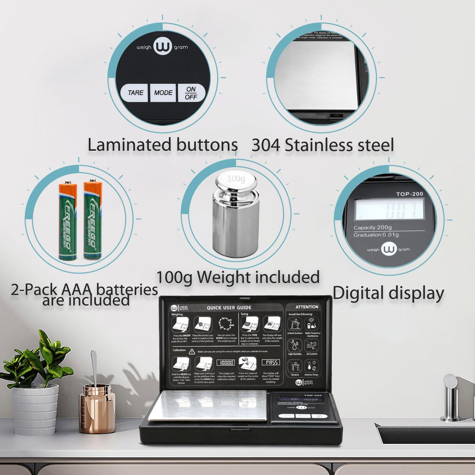 Weigh Gram 200G Digital Pocket Gram Scale 0.01G Accuracy, 200G X 0.01G Mini Digital Grams Scale, Small Food Scale, Jewelry Scale, Ounces Grains Scale With100G Calibration Weight