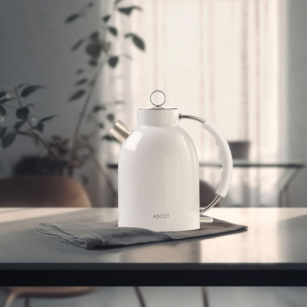 Ascot Electric Kettle, Stainless Steel Electric Tea Kettle Gifts For Men/Women/Family 1.5L 1500W Retro Tea Heater & Hot Water Boiler, Auto Shut-Off And Boil-Dry Protection (White)