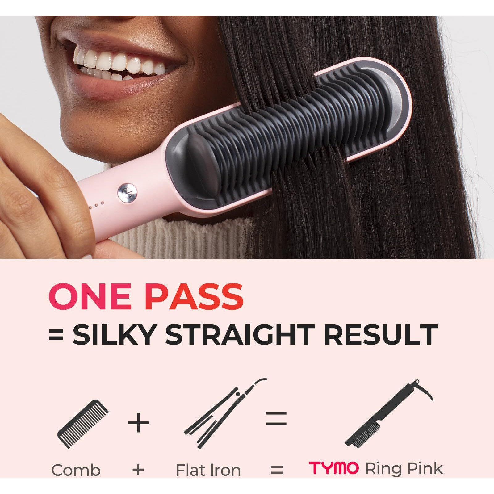 Tymo Ring Hair Straightener Brush - Hair Straightening Iron With Built-In Comb, 20S Fast Heating & 5 Temp Settings & Anti-Scald, Perfect For Professional Salon At Home, Sakura Pink