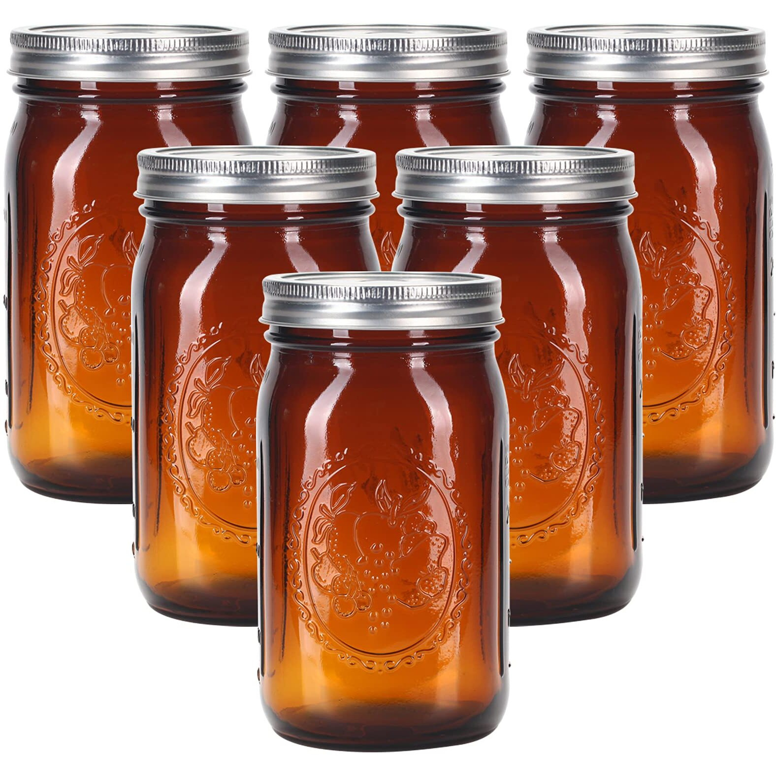 Eleganttime Amber Glass Mason Jars 32 Oz Wide Mouth With Airtight Lids And Bands 6 Pack Large Glass Canning Mason Jars Quart,Great For Canning Jar Pickle Fermenting Jam Jar