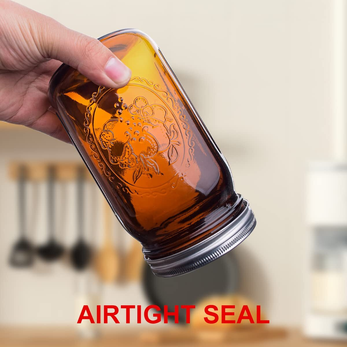 Eleganttime Amber Glass Mason Jars 32 Oz Wide Mouth With Airtight Lids And Bands 6 Pack Large Glass Canning Mason Jars Quart,Great For Canning Jar Pickle Fermenting Jam Jar