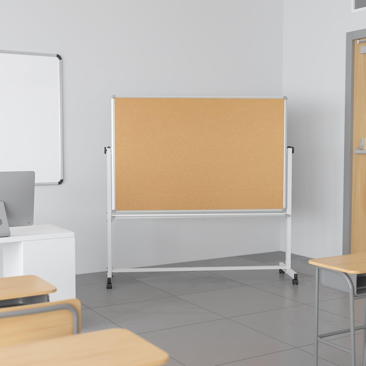 Flash Furniture Hercules Series 62.5"&quotW X 62.25"&quotH Reversible Mobile Cork Bulletin Board And White Board With Pen Tray