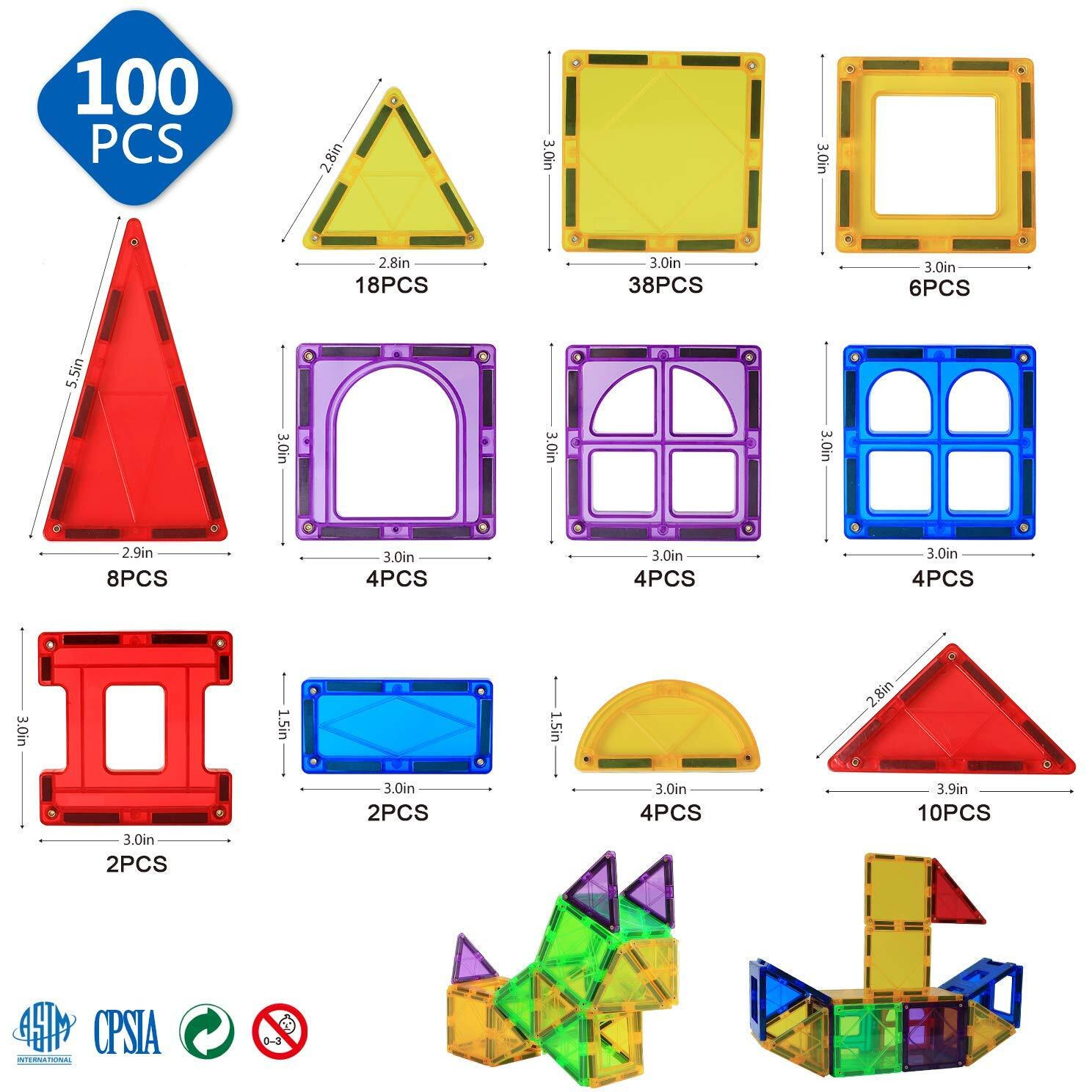 Magblock Magnet Toys Kids Magnetic Building Tiles 100 Pcs 3D Magnetic Blocks Preschool Building Sets Educational Toys For Toddlers Boys And Girls.