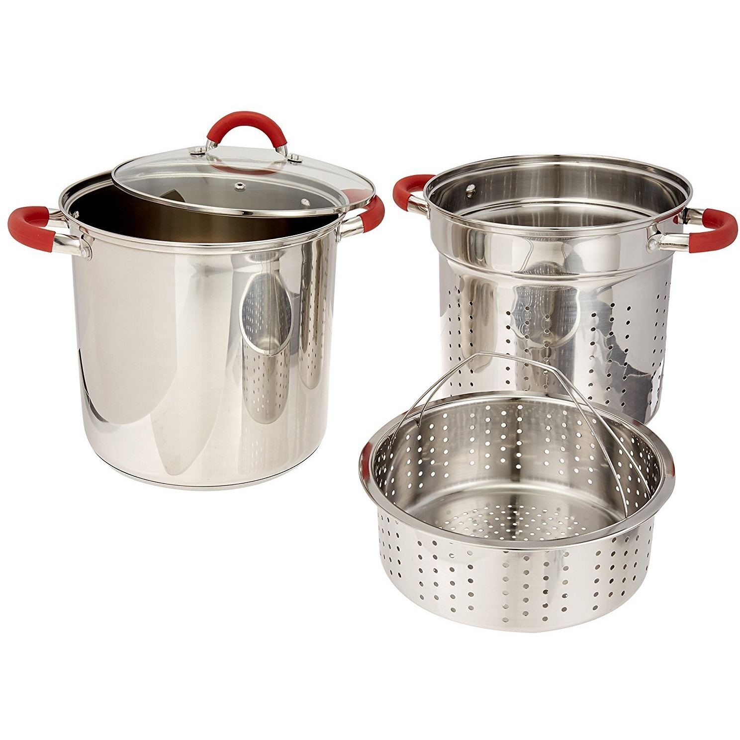 Excelsteel 8 Qt Multifunction Stainless Steel Pasta Cooker With Encapsulated Base, Vented Glass Lid, And Riveted Silicone Covered Handles