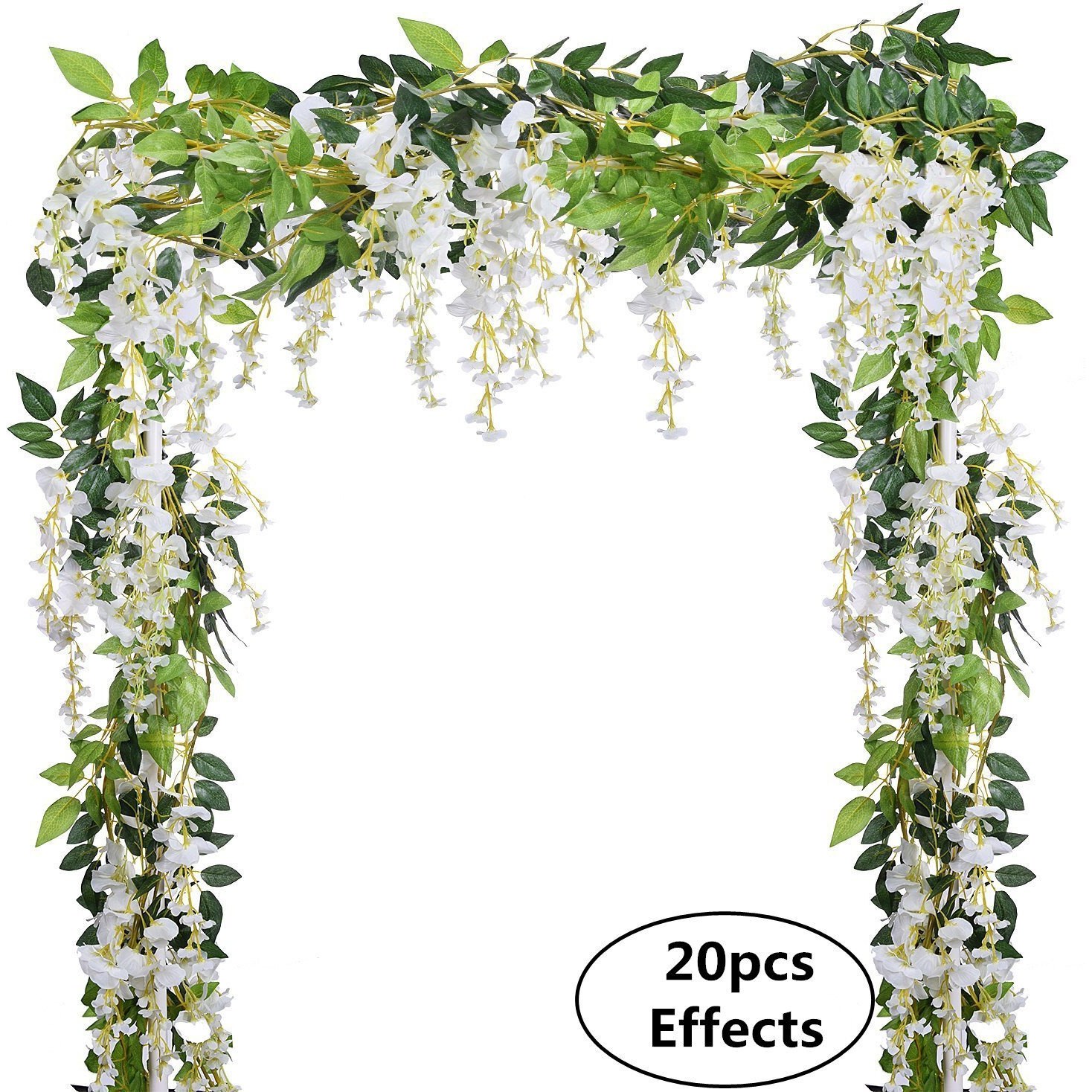 Dearhouse 4Pcs 6.6Ft/Piece Artificial Flowers Silk Wisteria Garland Artificial Wisteria Vine Rattan Silk Hanging Flower For Home Garden Outdoor Ceremony Wedding Arch Floral Decor (White)