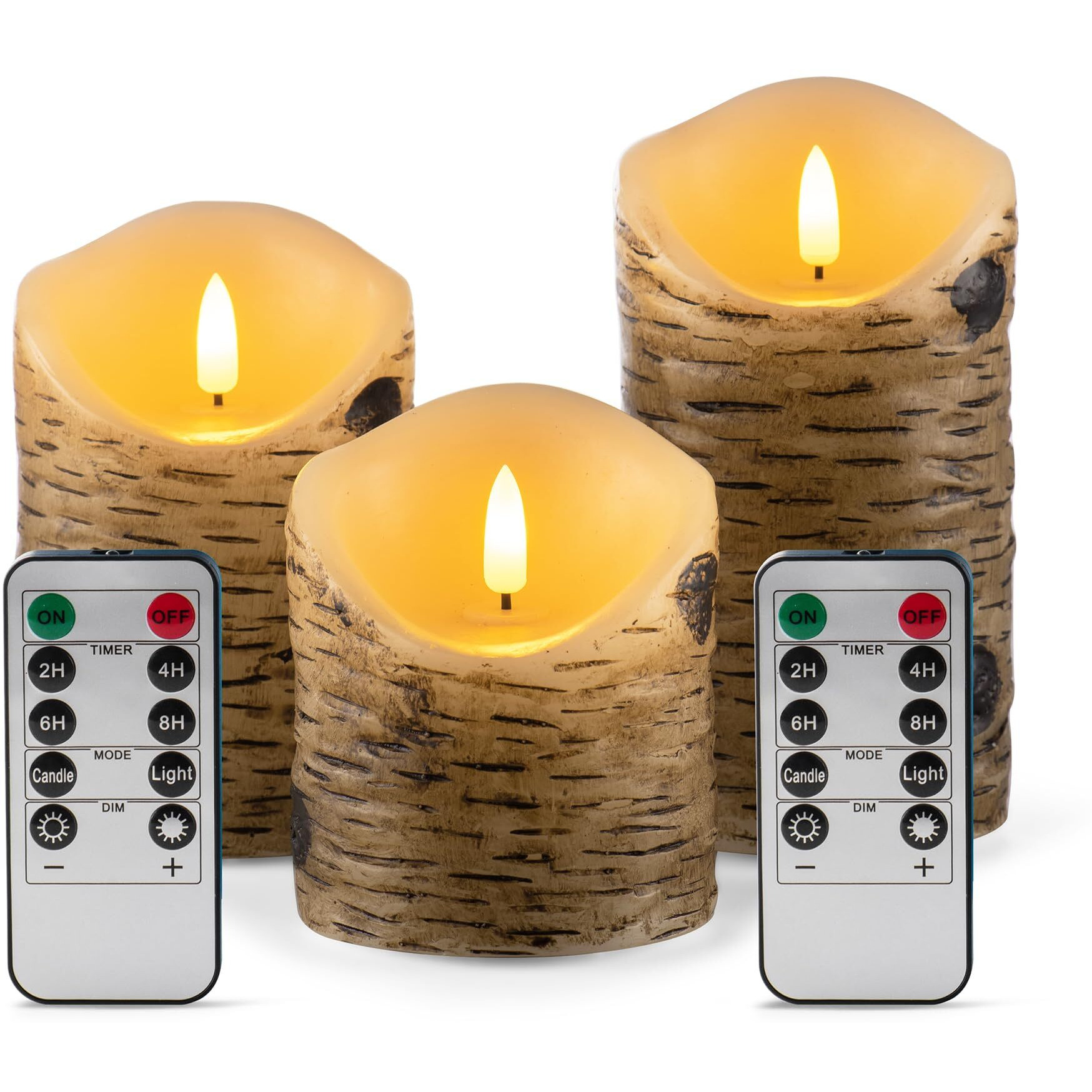 Aku Tonpa Birch Bark Effect Flameless Candles Battery Operated Pillar Real Wax Flickering Electric Led Candle Sets With Remote Control Cycling 24 Hours Timer, 4"" 5"" 6"" Pack Of 3