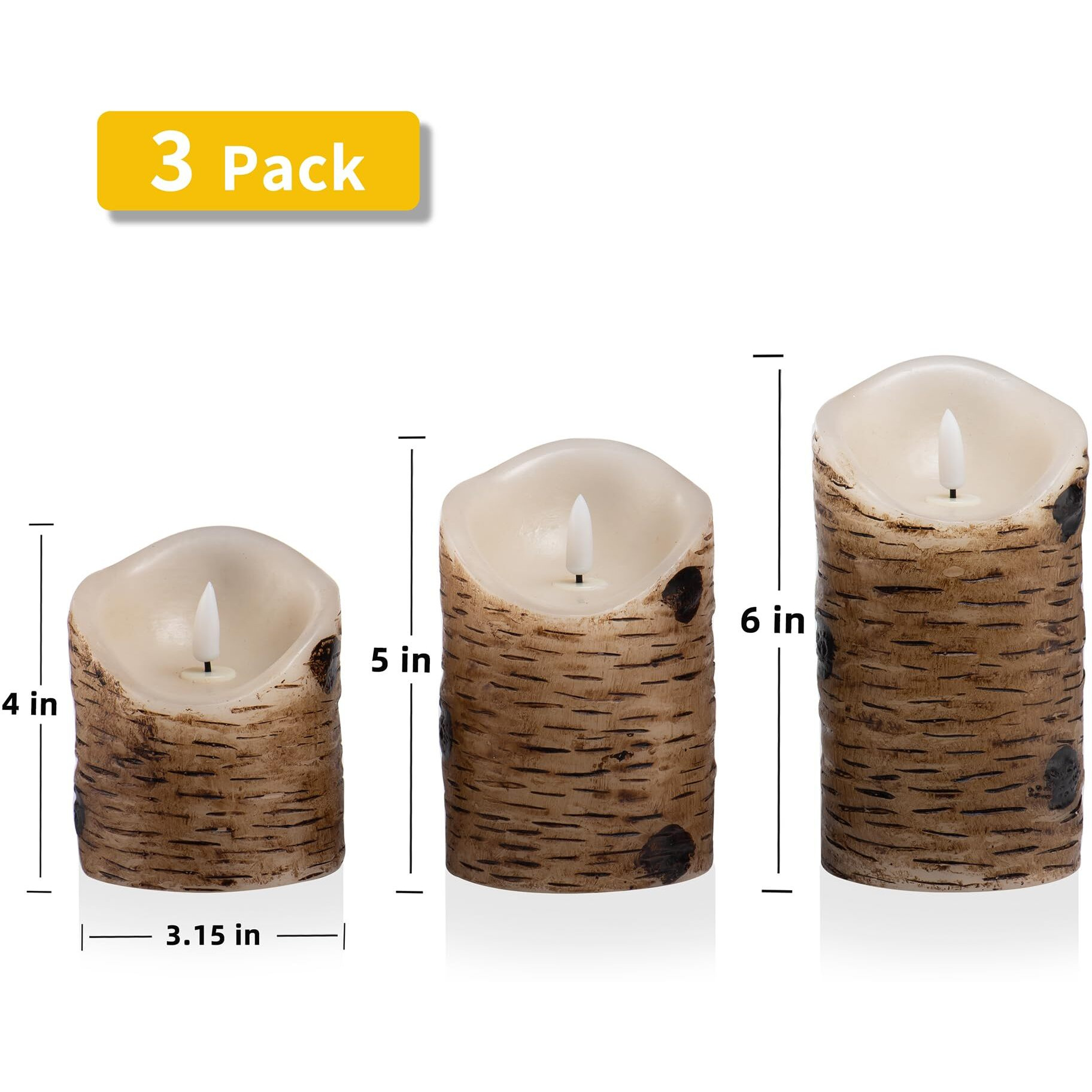 Aku Tonpa Birch Bark Effect Flameless Candles Battery Operated Pillar Real Wax Flickering Electric Led Candle Sets With Remote Control Cycling 24 Hours Timer, 4"" 5"" 6"" Pack Of 3
