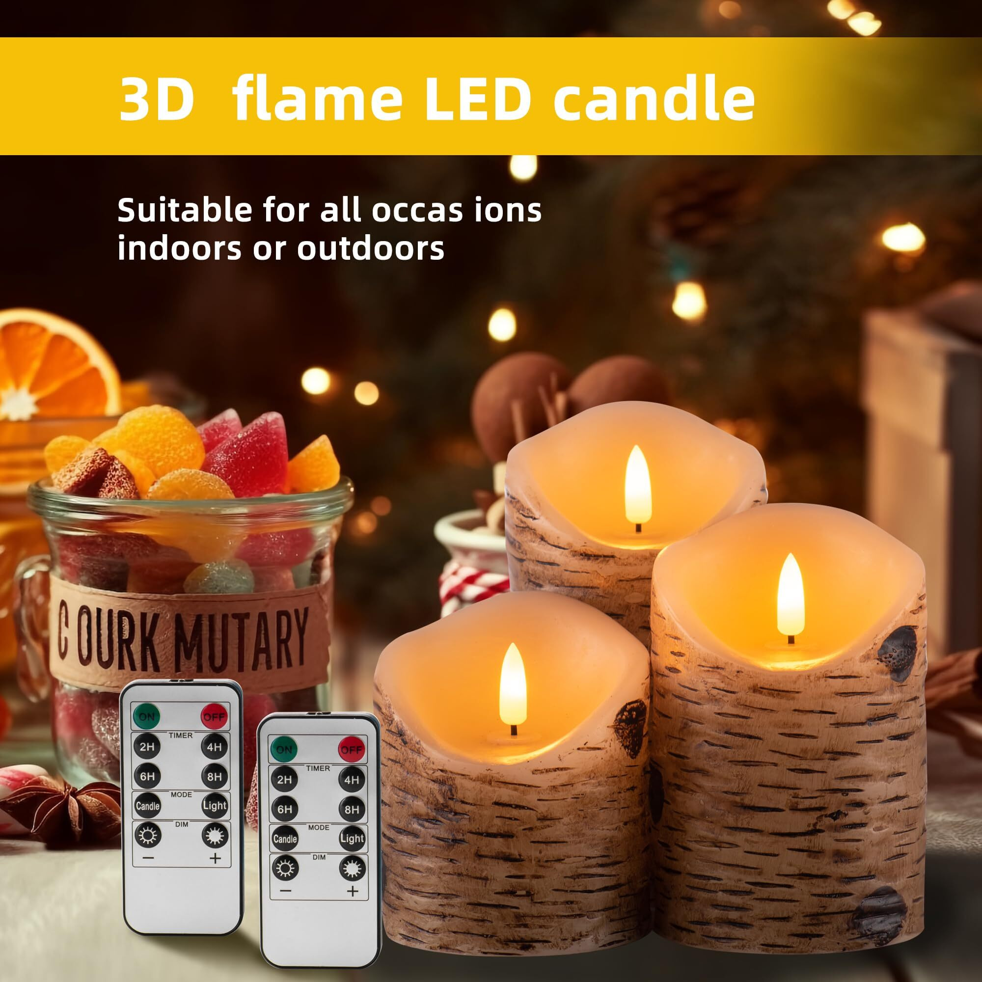 Aku Tonpa Birch Bark Effect Flameless Candles Battery Operated Pillar Real Wax Flickering Electric Led Candle Sets With Remote Control Cycling 24 Hours Timer, 4"" 5"" 6"" Pack Of 3