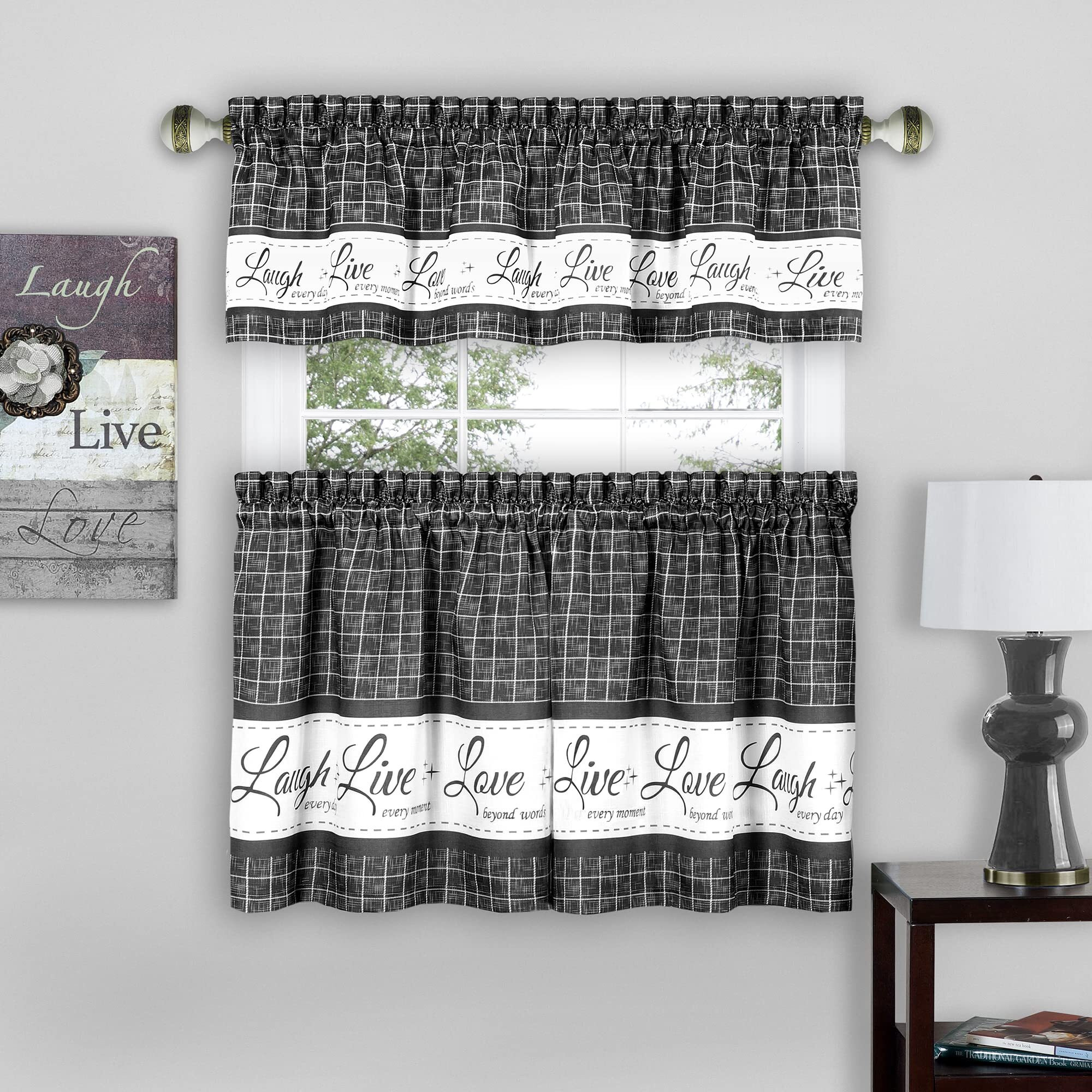 Tier And Valance Window Curtain Set - 58 Inch Width, 36 Inch Length - Live, Love, Laugh (Charcoal) - Light Filtering Drapes For Kitchen, Bedroom, Living & Dining Room By Achim Home Decor