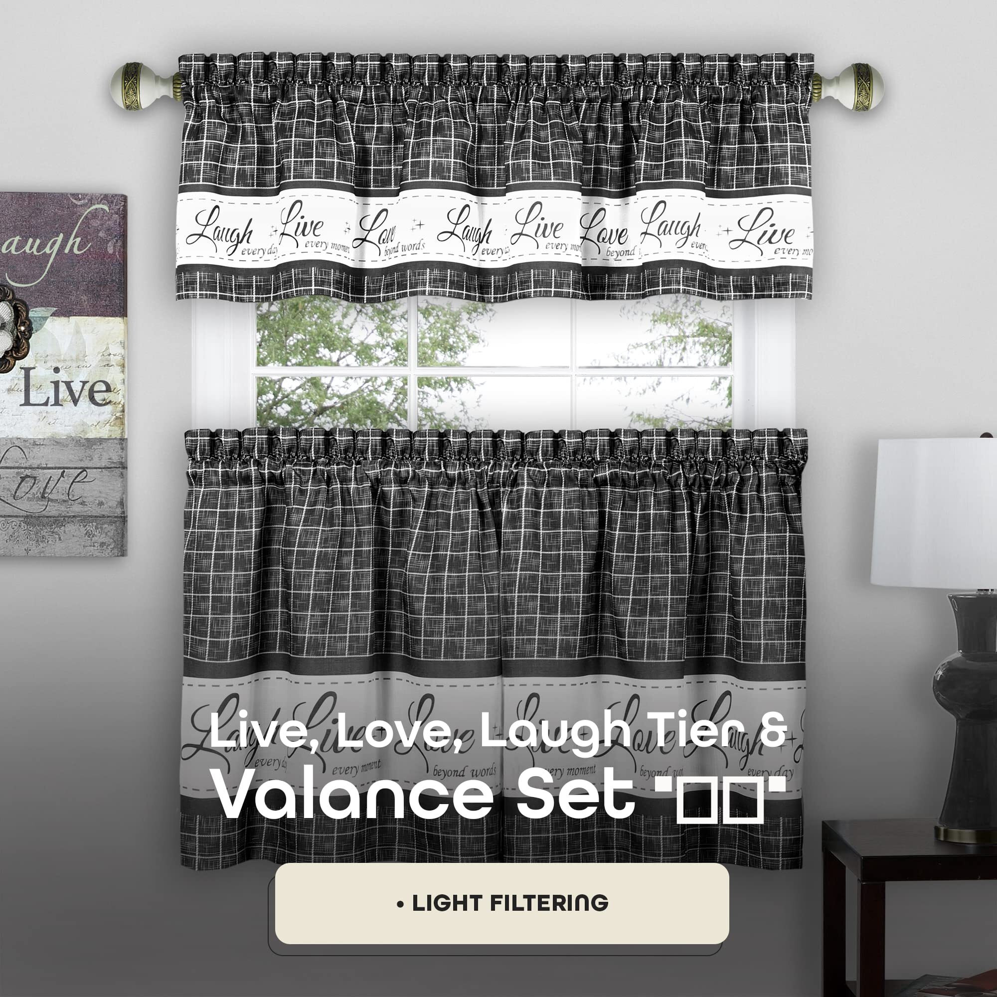 Tier And Valance Window Curtain Set - 58 Inch Width, 36 Inch Length - Live, Love, Laugh (Charcoal) - Light Filtering Drapes For Kitchen, Bedroom, Living & Dining Room By Achim Home Decor