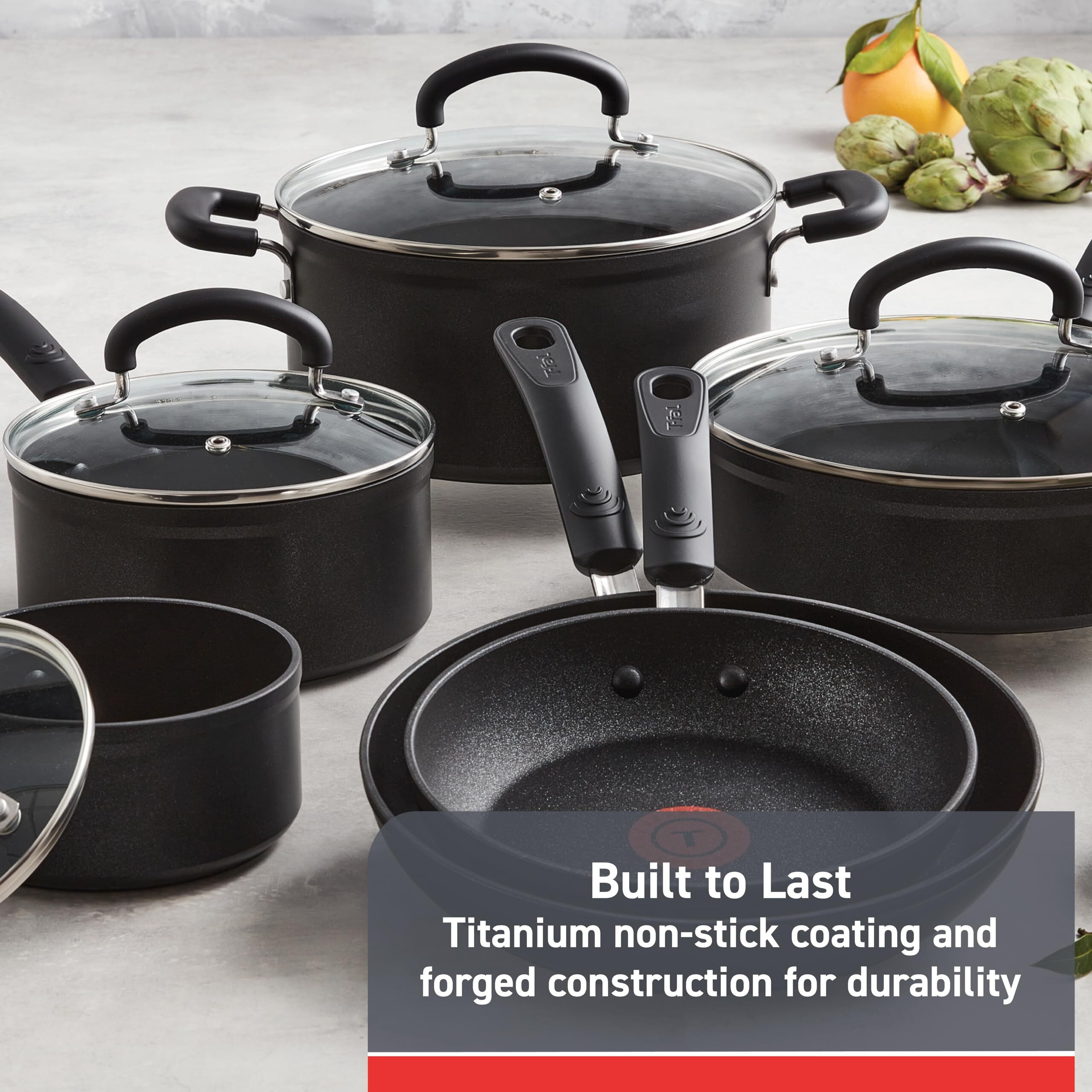 T-Fal Advanced Nonstick Cookware Set 12 Piece, Oven Broiler Safe 350F, Kitchen Cooking Set W/ Fry Pans, Saucepans, Deep Saute, Dutch Oven & Kitchen Utensils, Pots And Pans, Dishwasher Safe, Black