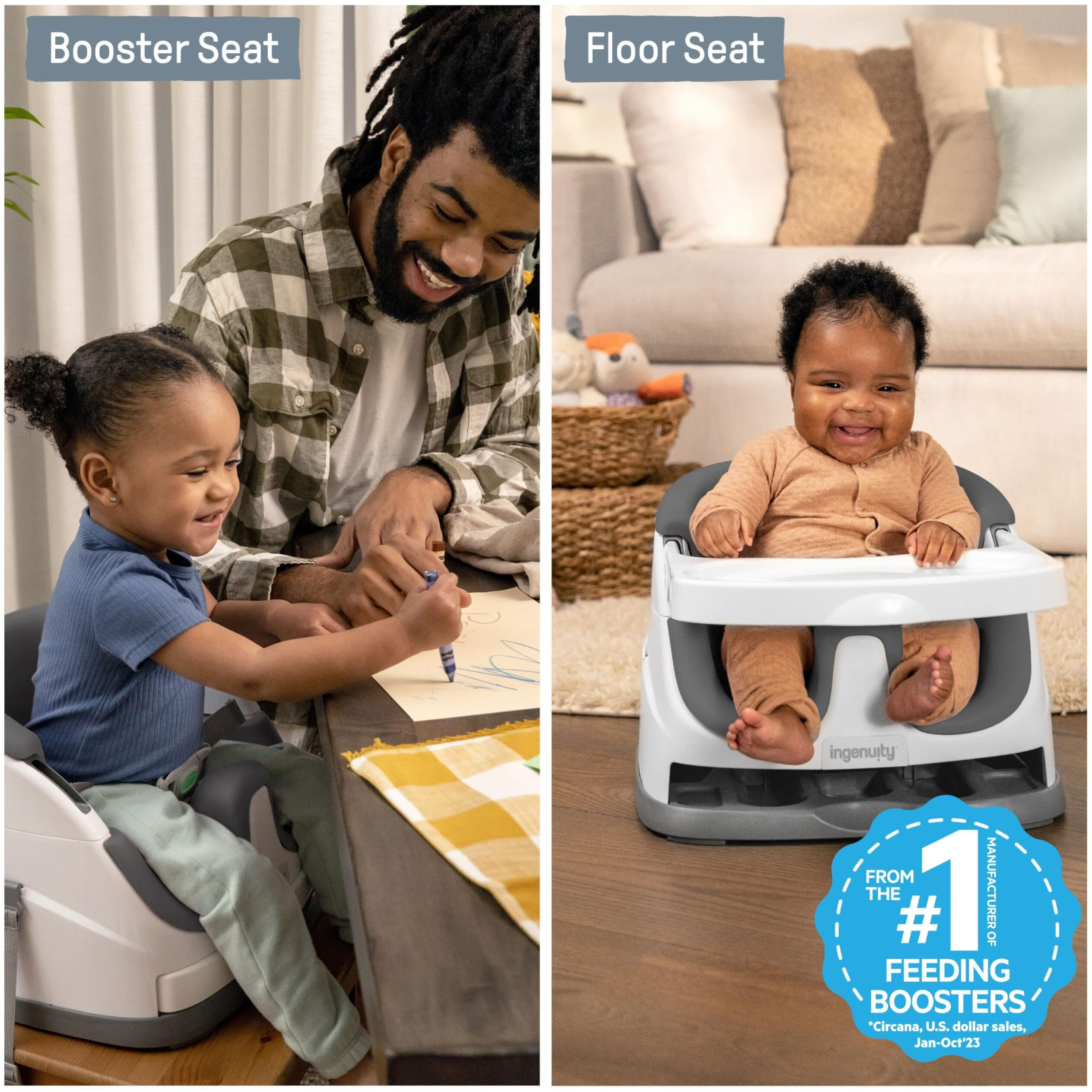 Ingenuity Baby Base 2-In-1 Booster Feeding And Floor Seat With Self-Storing Tray - Slate