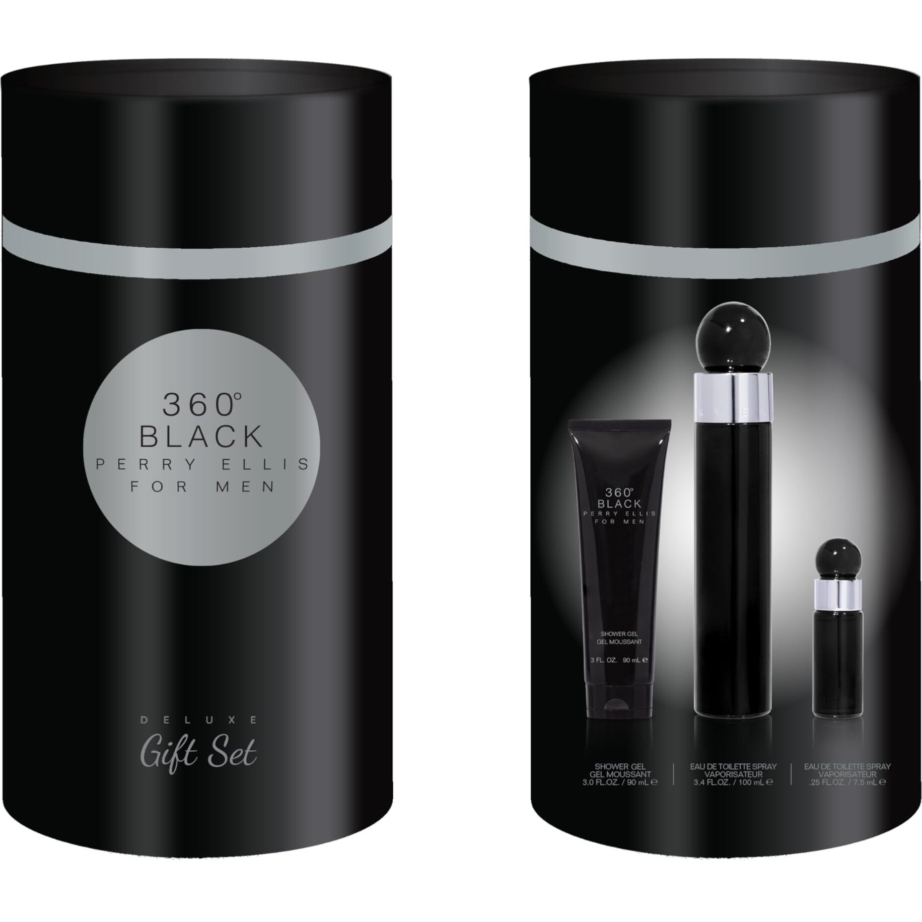 Perry Ellis Fragrances Perry Ellis 360 Black Men's Cologne - 3-Piece Gift Set - 3.4 Fl Oz Edt, 3 Oz Shower Gel, .25 Fl Oz Edt Mini Travel Spray - Fresh, Woody, Clean, Long-Lasting