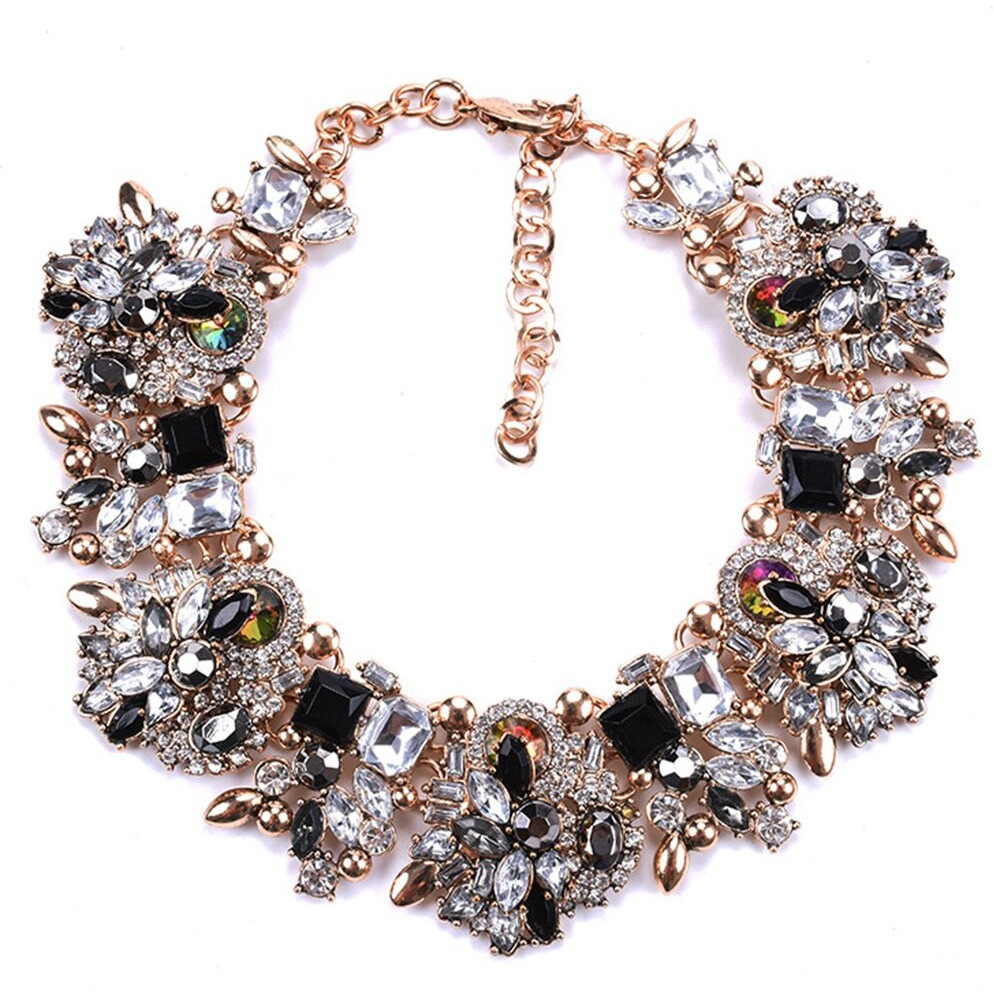 Zthread Rhinestone Bib Statement Necklace Vintage Chunky Chain Choker Collar Necklace Crystal Beads Women Fashion Jewelry Necklace (Black+White)