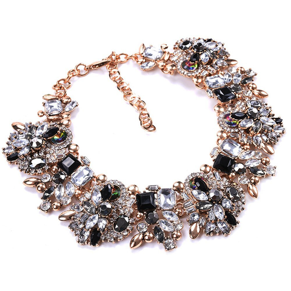 Zthread Rhinestone Bib Statement Necklace Vintage Chunky Chain Choker Collar Necklace Crystal Beads Women Fashion Jewelry Necklace (Black+White)