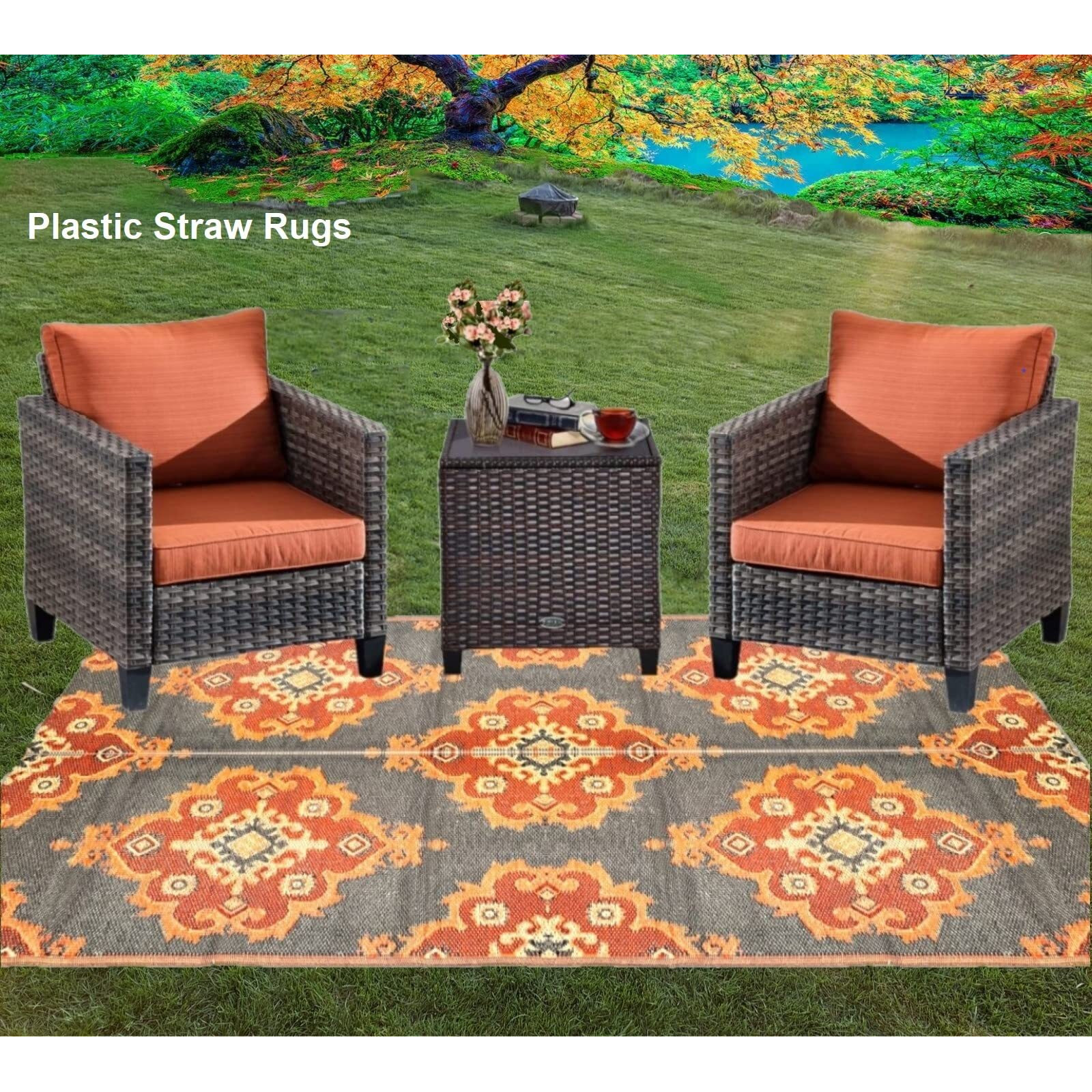 Balajeesusa Outdoor Rugs - 6X9, Orange, Yellow, Grey, Patio Durable And Affordable, Multipurpose, Woven Plastic Straw, All-Weather And Waterproof Rug, Reversible Camper Mats, Recycled