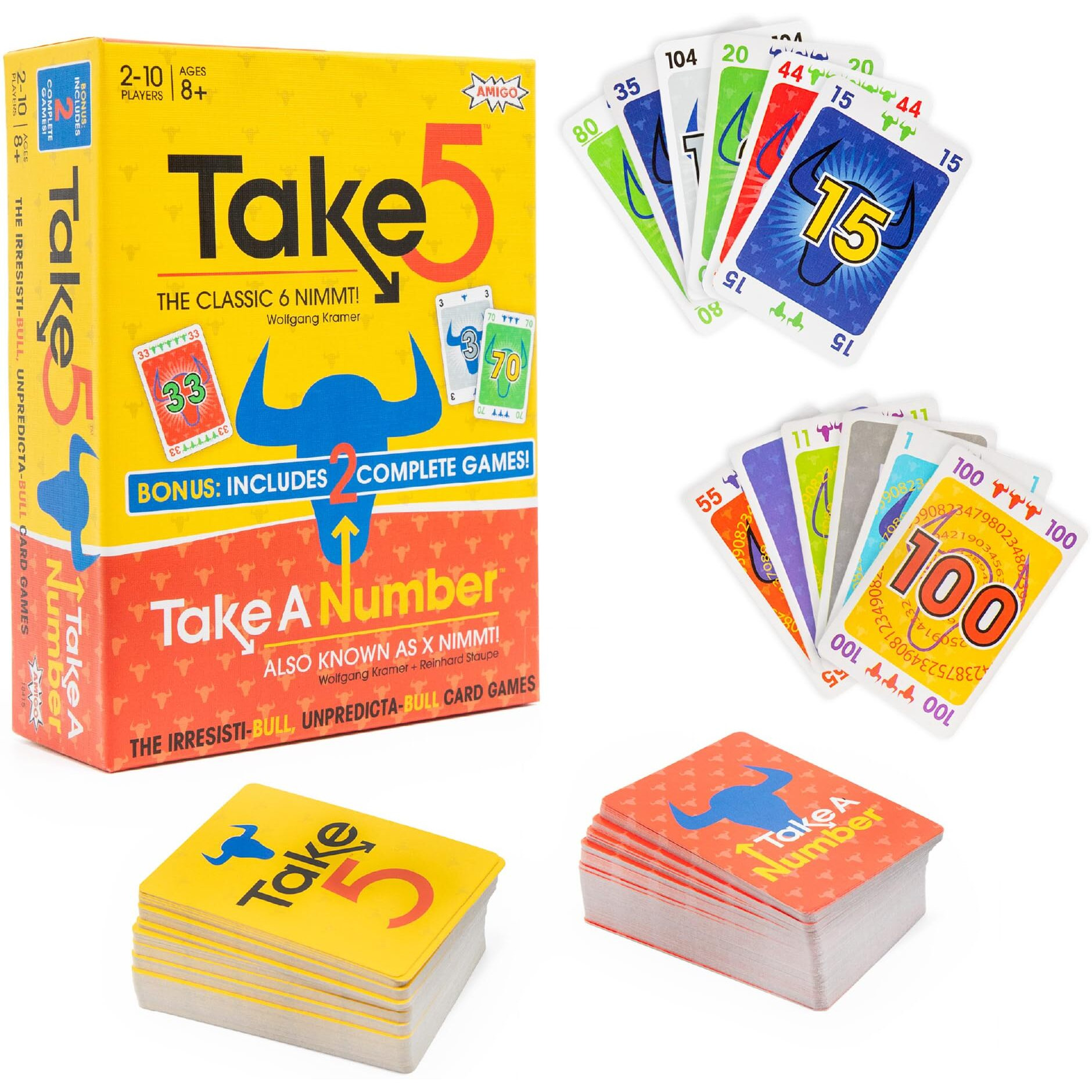 Amigo Games Take 5 & Take A Number - Two Complete Games In One - Take 5 Is The Classic 6 Nimmt & Take A Number Is Also Known As X Nimmt - Classic Card Games For Kids & Adults Ages 8 & Older