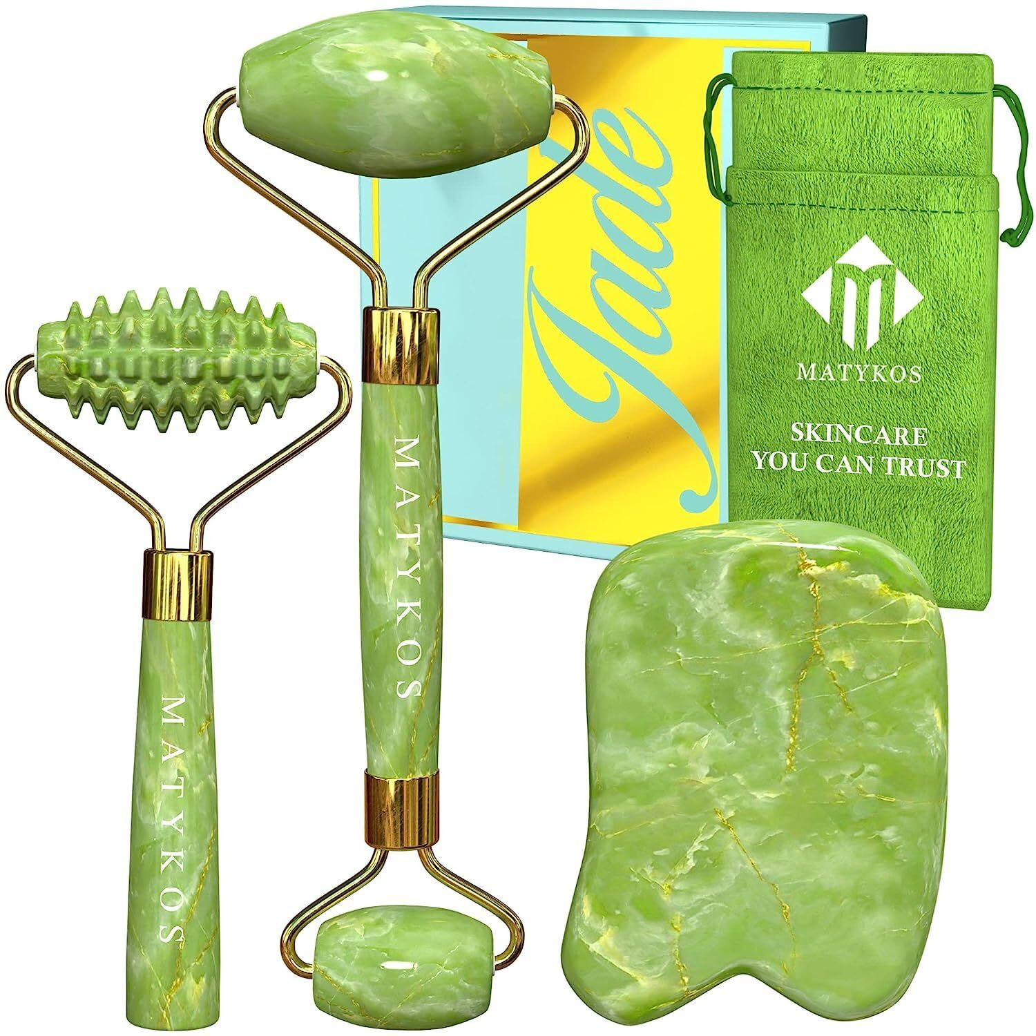 Jade Roller For Face And Gua Sha Set - 2 Anti-Aging Facial Rollers And Gua-Sha Facial Tool - Face And Body Massager For Your Skincare Routine - Massage Tools For Wrinkles And Lifting