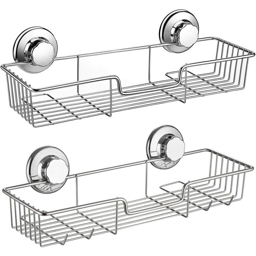 Sanno Suction Cup Shower Caddy With Hooks,Powerful Suction Cup Bathroom Shower Caddies,Bath Shelf Storage Combo Organizer Basket, Bathroom Accessories For Shampoo Conditioner Set Of 2