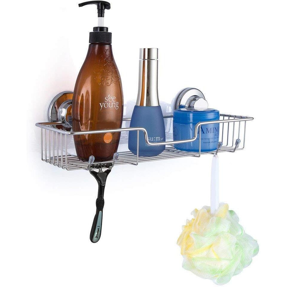 Sanno Suction Cup Shower Caddy With Hooks,Powerful Suction Cup Bathroom Shower Caddies,Bath Shelf Storage Combo Organizer Basket, Bathroom Accessories For Shampoo Conditioner Set Of 2