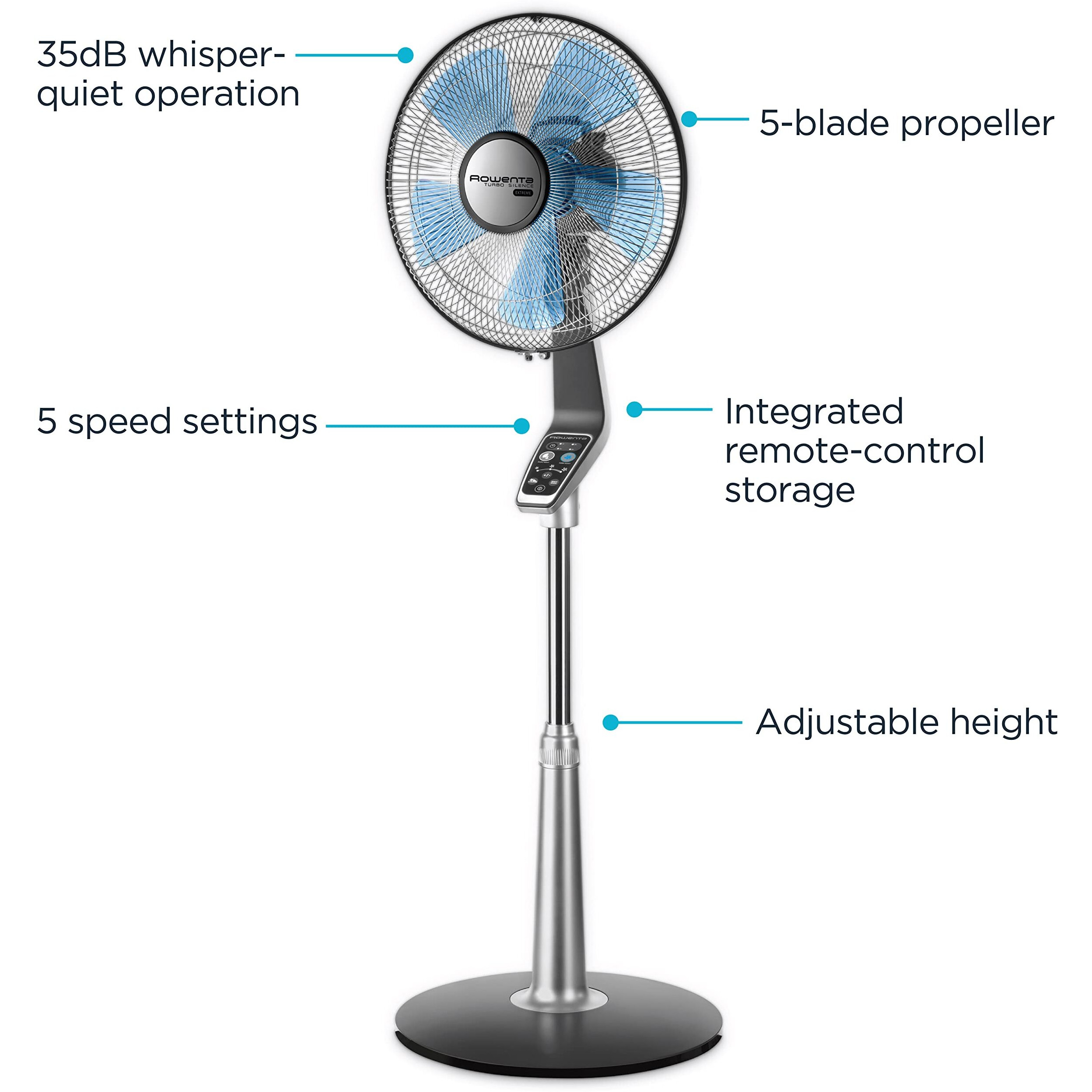 Rowenta Pedestal Fan, 53 Inches, Ultra Quiet Oscillating Fan For Bedroom, Portable, 5 Speeds, Refresh Up To 23-Feet, Silver, Indoor, Vu5670