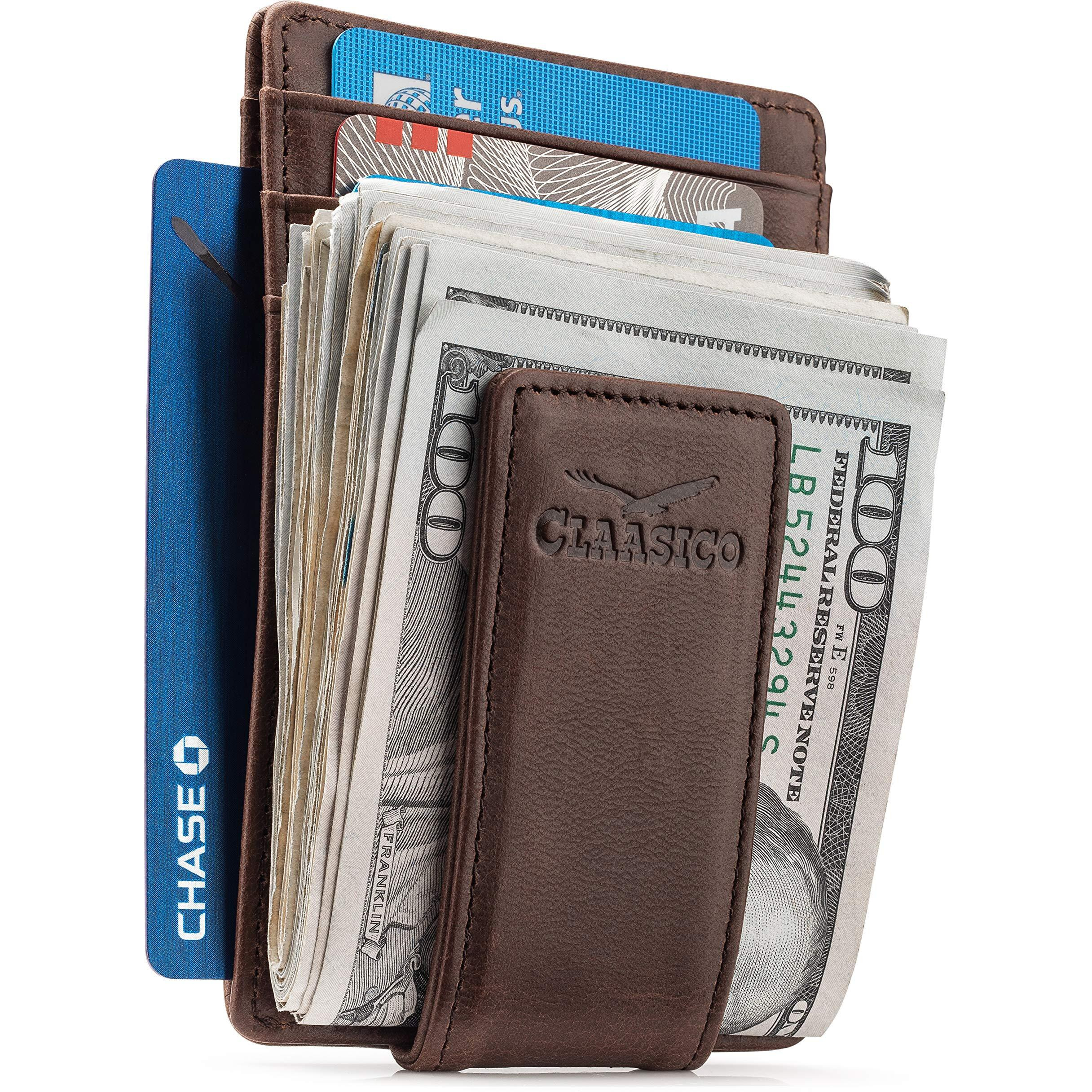Money Clip Leather Wallet For Men Slim Front Pocket Rfid Blocking With Super Strong Magnetic
