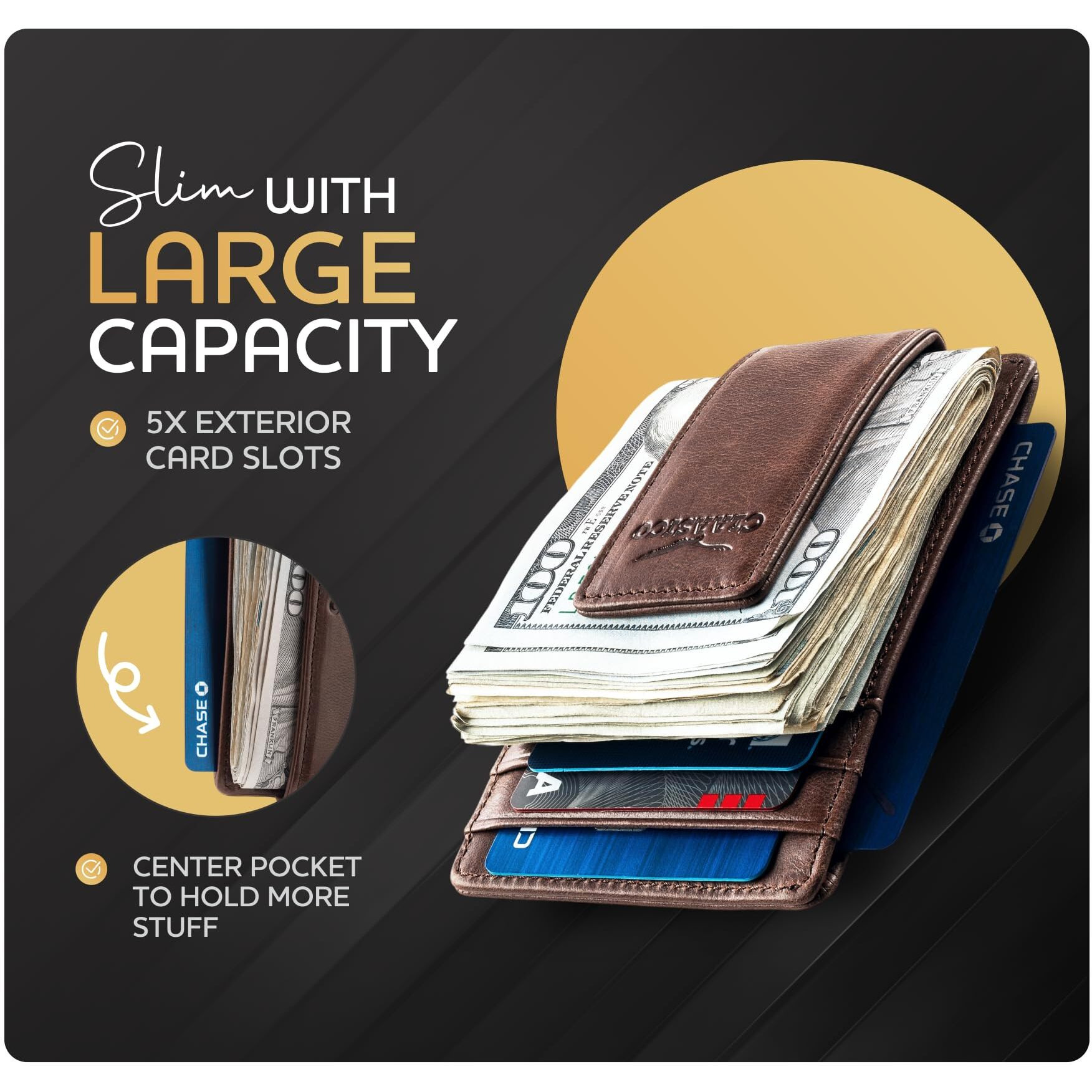 Money Clip Leather Wallet For Men Slim Front Pocket Rfid Blocking With Super Strong Magnetic