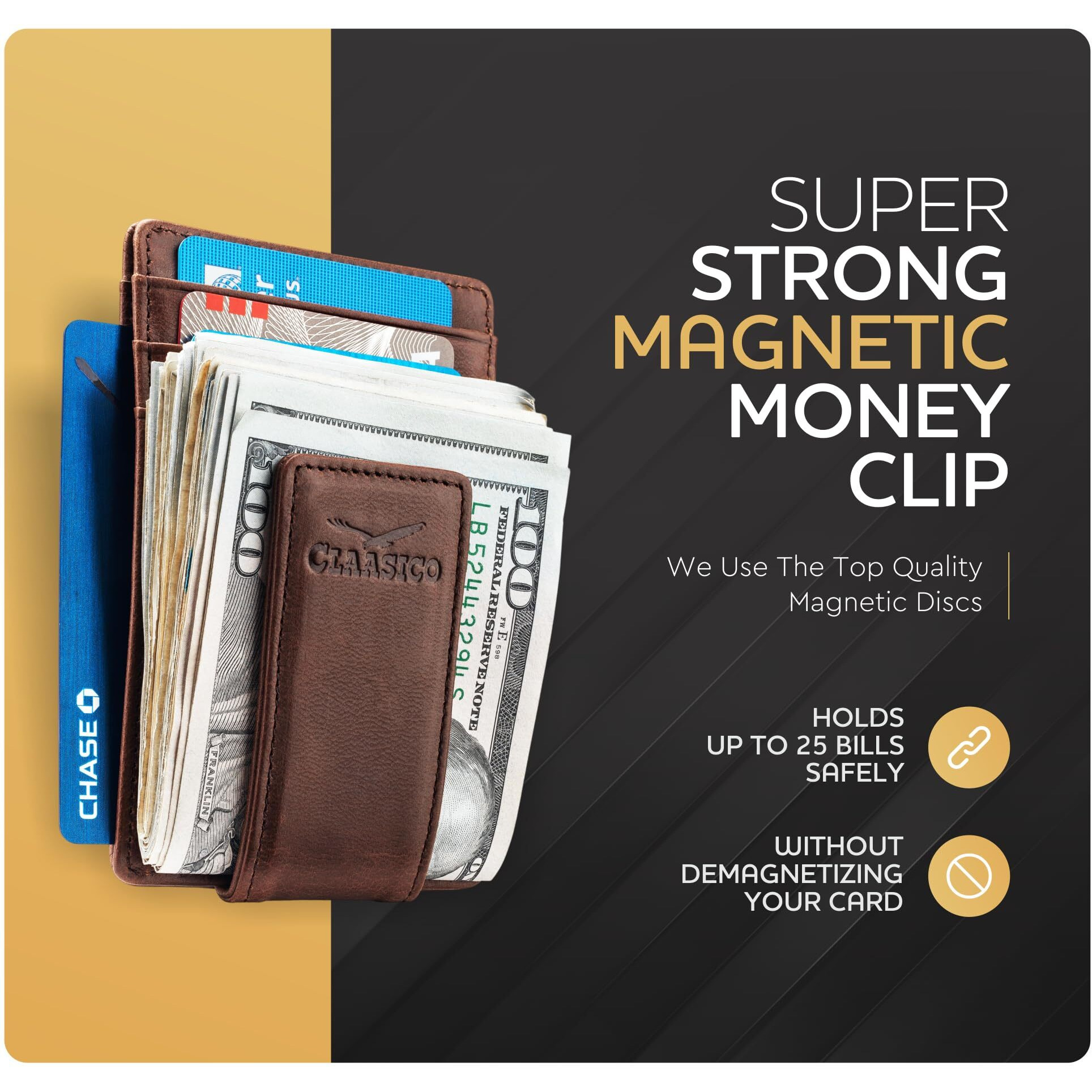 Money Clip Leather Wallet For Men Slim Front Pocket Rfid Blocking With Super Strong Magnetic