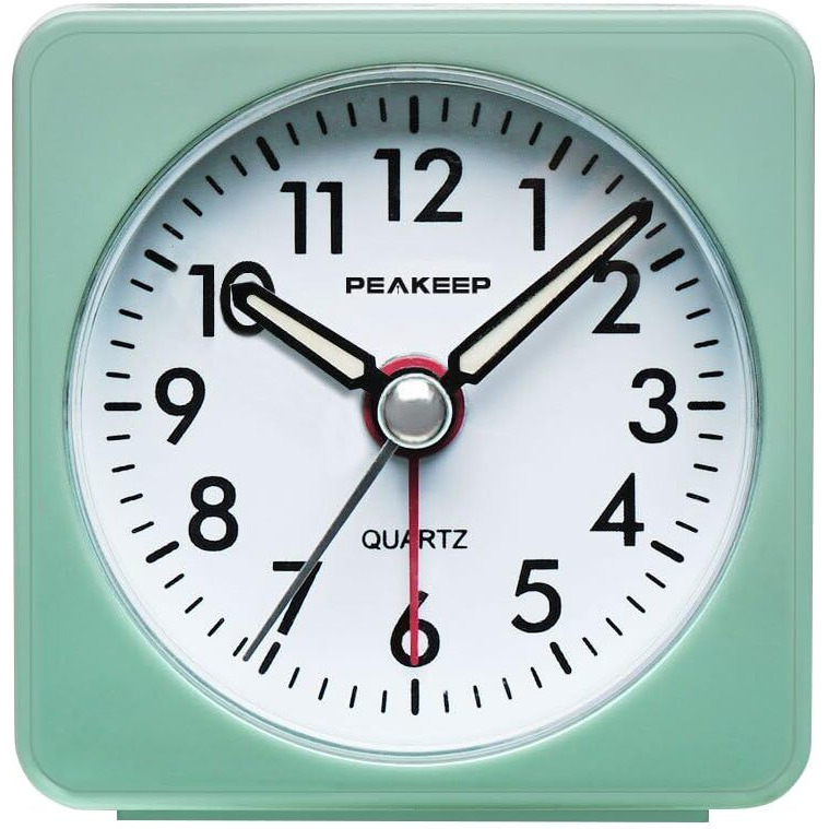 Peakeep Ultra Small, Battery Travel Alarm Clock With Snooze And Light, Silent With No Ticking Analog Quartz (Aquamarine)