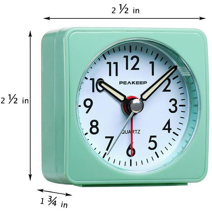 Peakeep Ultra Small, Battery Travel Alarm Clock With Snooze And Light, Silent With No Ticking Analog Quartz (Aquamarine)