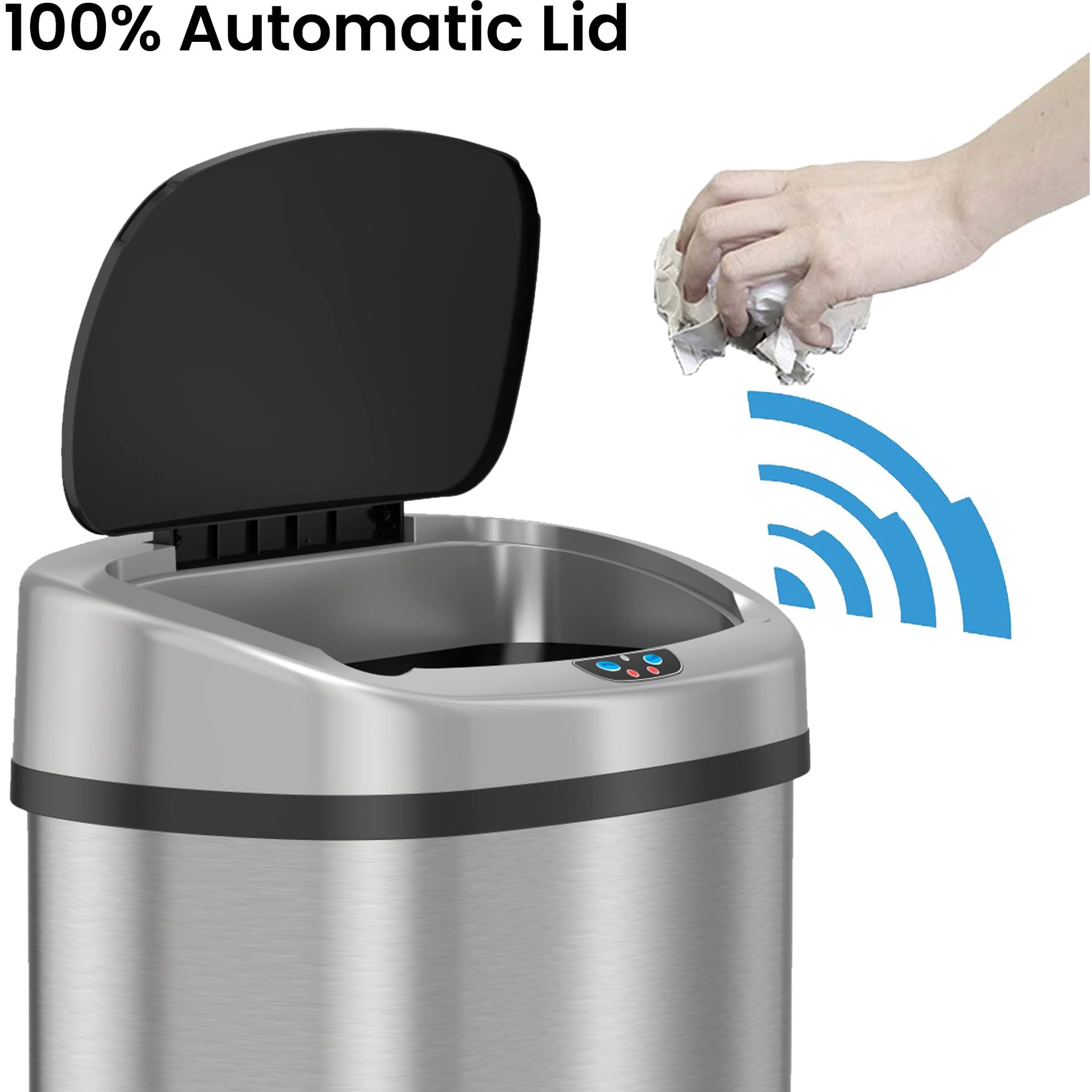 Sensorcan 13 Gallon Automatic Touchless Sensor Kitchen Trash Can With Ac Adapter And Odor Filter Kit, Stainless Steel, Oval Shape, Battery Free Operation With Included Ac Adapter