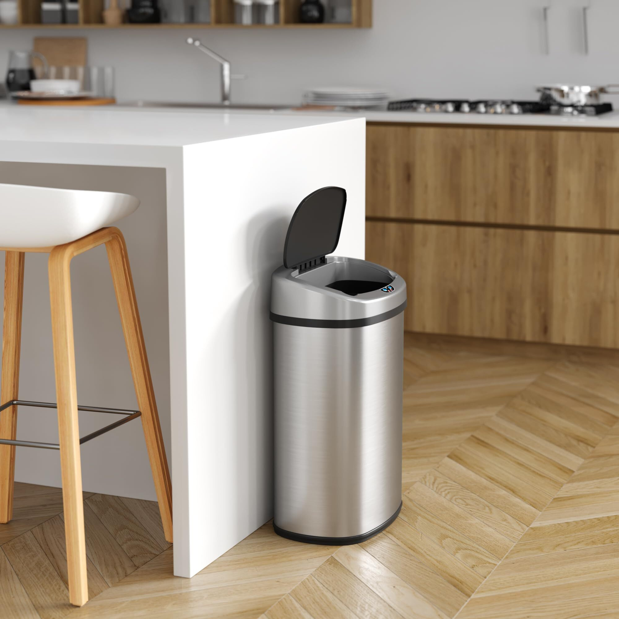 Sensorcan 13 Gallon Automatic Touchless Sensor Kitchen Trash Can With Ac Adapter And Odor Filter Kit, Stainless Steel, Oval Shape, Battery Free Operation With Included Ac Adapter