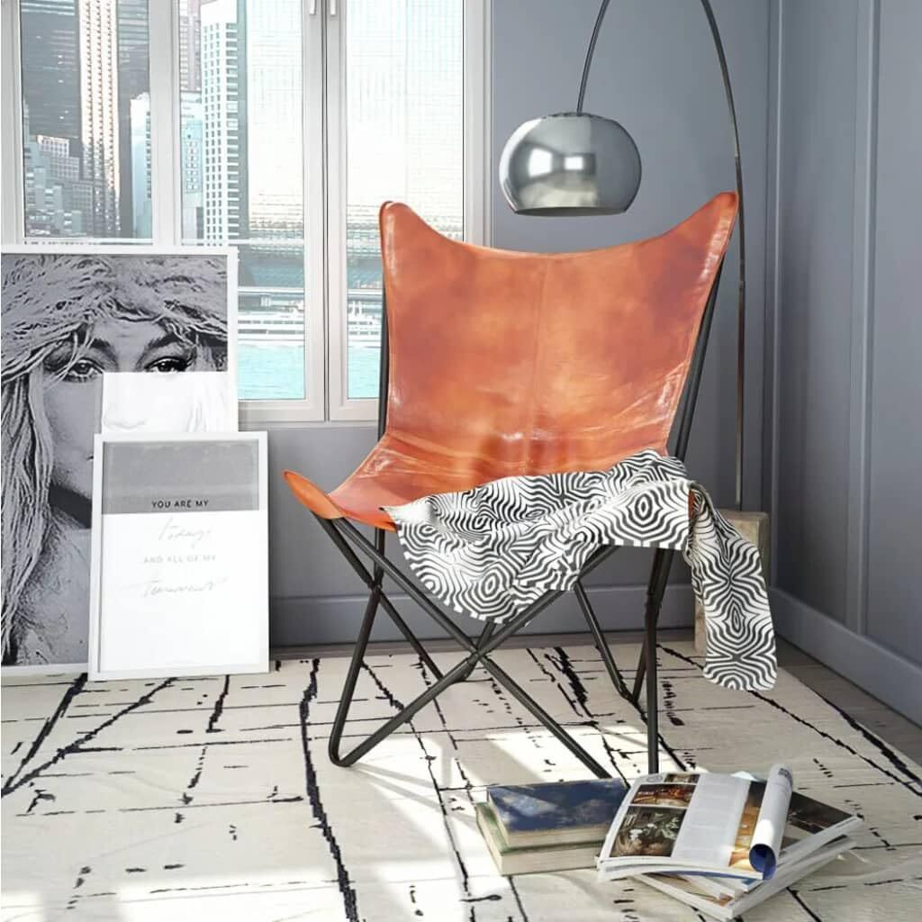 Vidaxl Butterfly Chair, Lightweight Armchair With Powder-Coated Steel Frame, Comfortable Genuine Goat Leather, Versatile Utility 26"" X 29.1"" X 35.4"", Brown