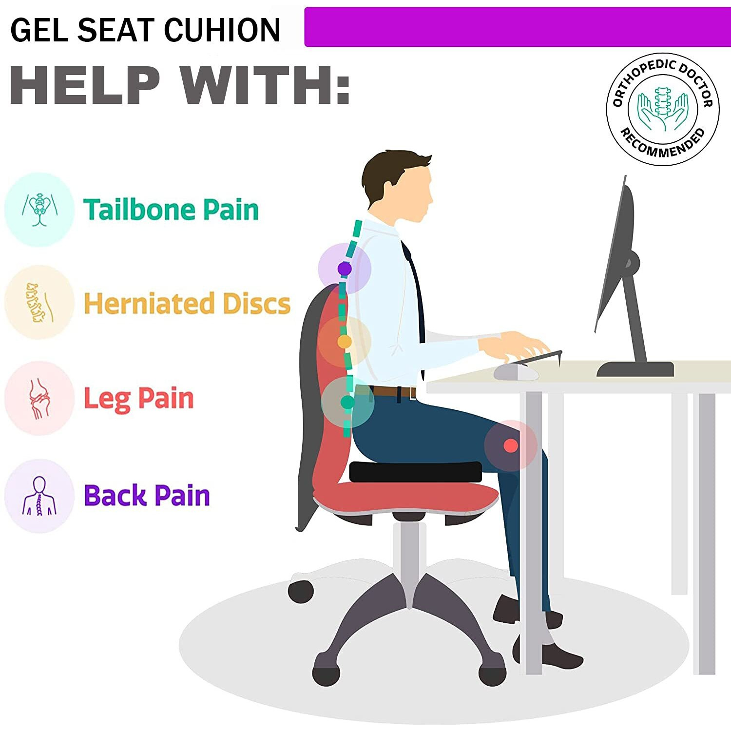 Gel Seat Cushion For Long Sitting Pressure Relief (Super Large & Thick) - Non-Slip Gel Chair Cushion For Back, Sciatica, Tailbone Pain Relief - Seat Cushion For Office Desk Chair, Car, Wheelchair