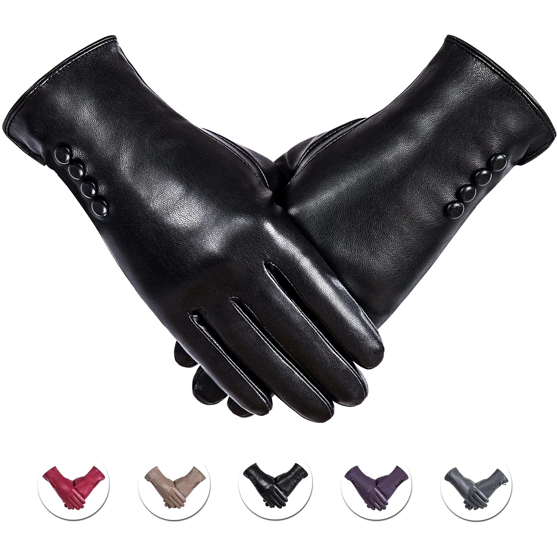 Alepo Winter Pu Leather Gloves For Women, Warm Thermal Touchscreen Texting Typing Dress Driving Motorcycle Gloves With Wool Lining (Black-M)