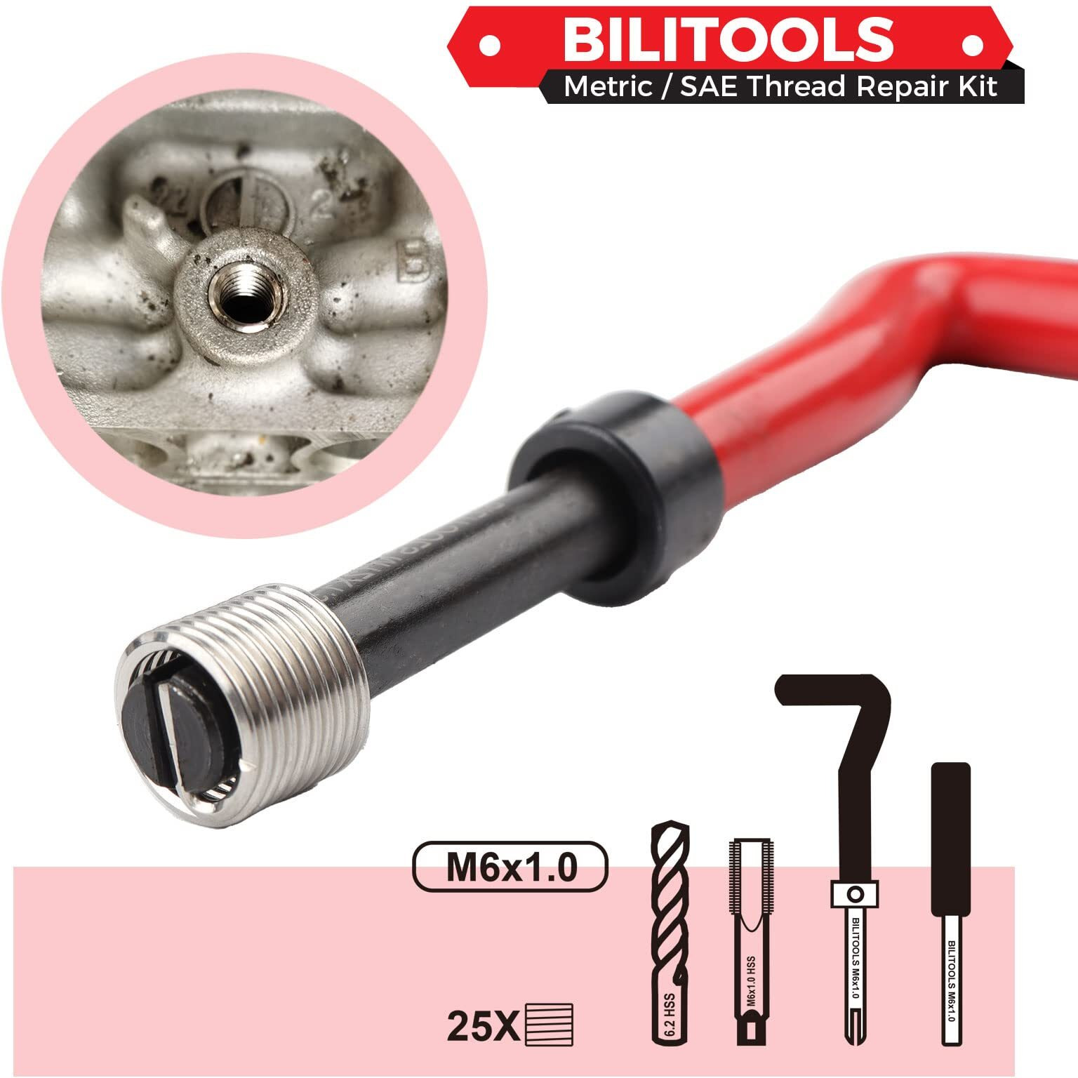 Bilitools M6X1.0 Thread Repair Kit, Hss Drill Helicoil Repair Kit Metric