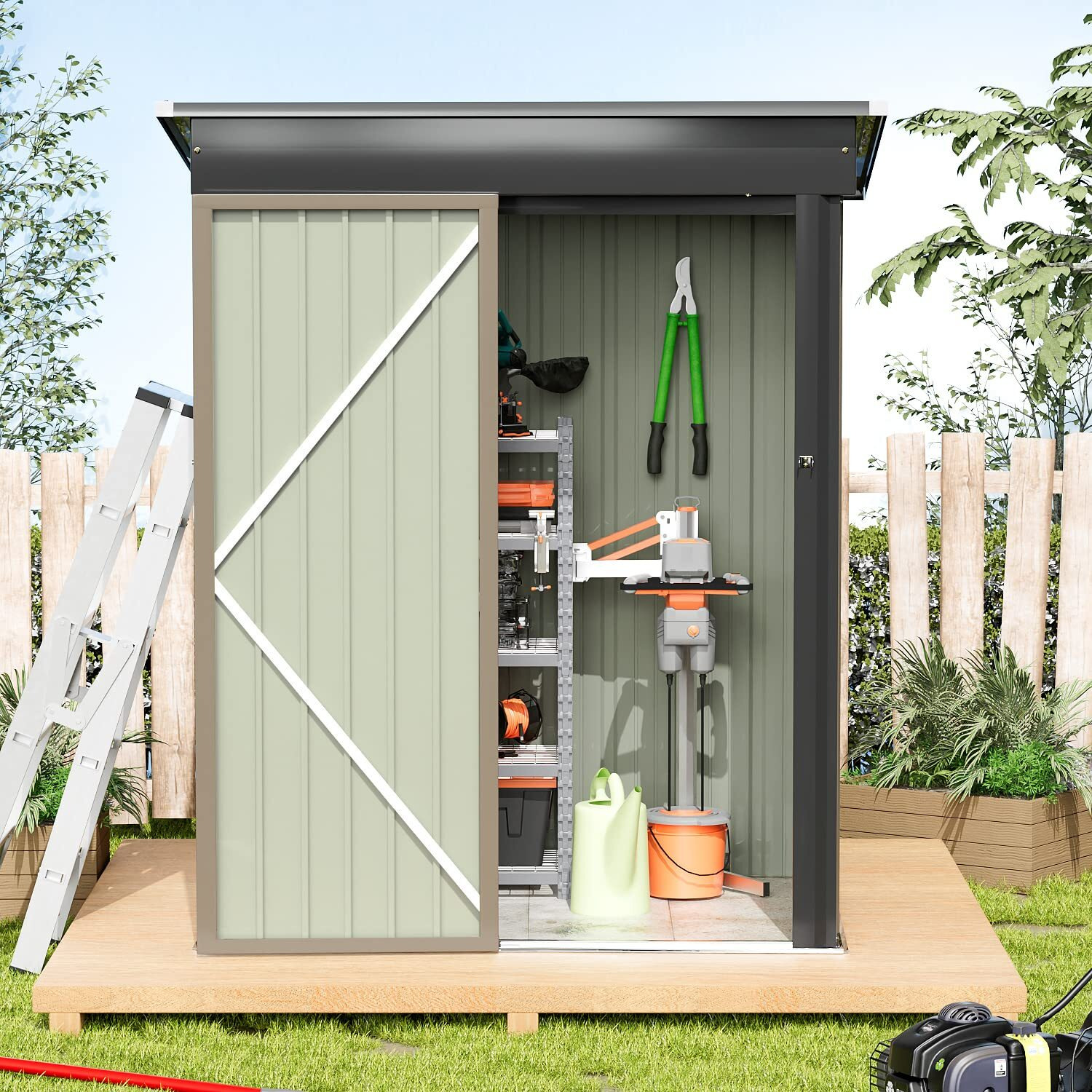 Greesum Metal Outdoor Storage Shed 5Ft X 3Ft, Steel Utility Tool Shed Storage House With Door & Lock, For Backyard Garden Patio Lawn (5' X 3'), Brown